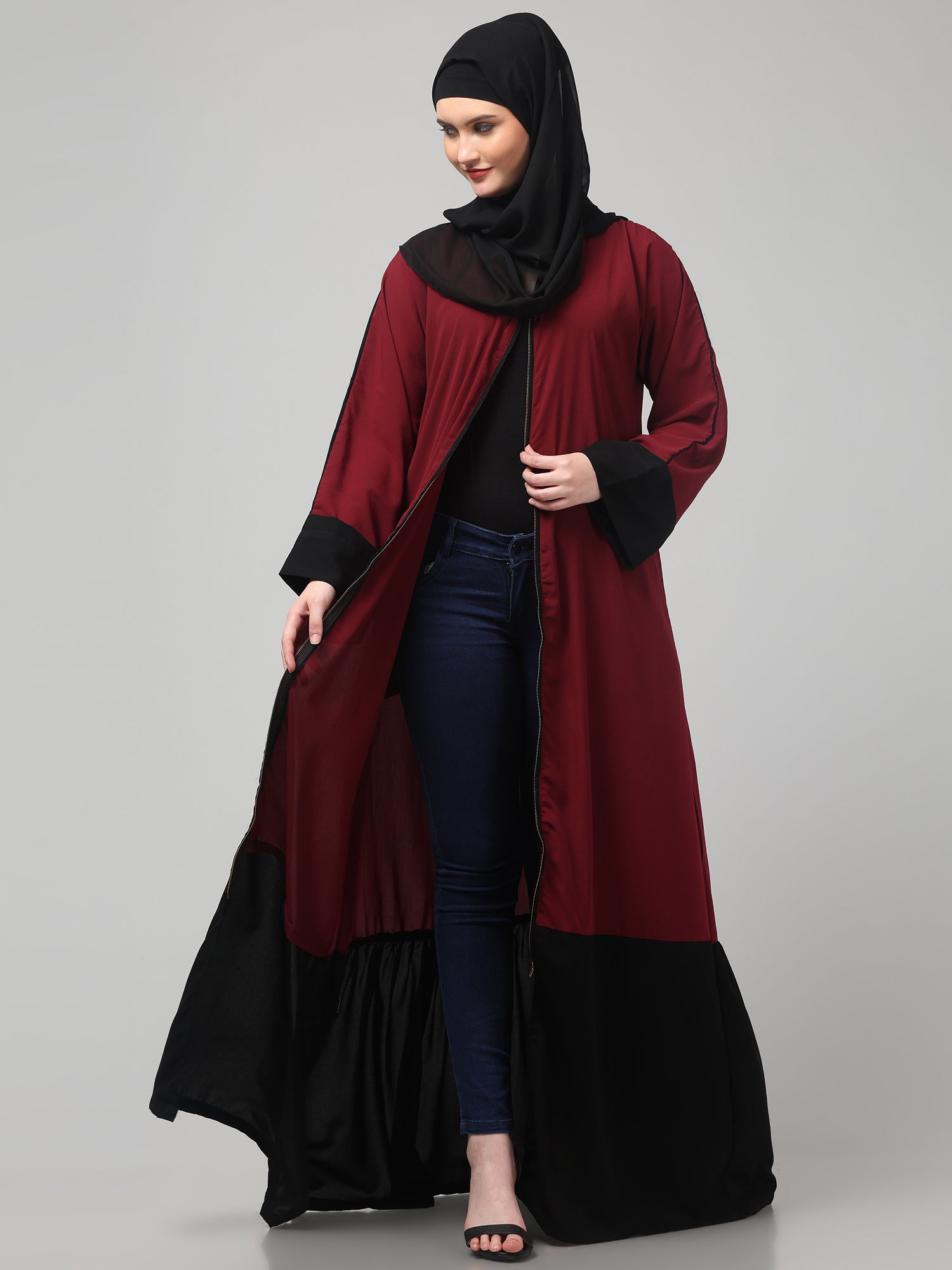 Maroon and Black Front Open Solid Abaya Burqa Dress for Women & Girls