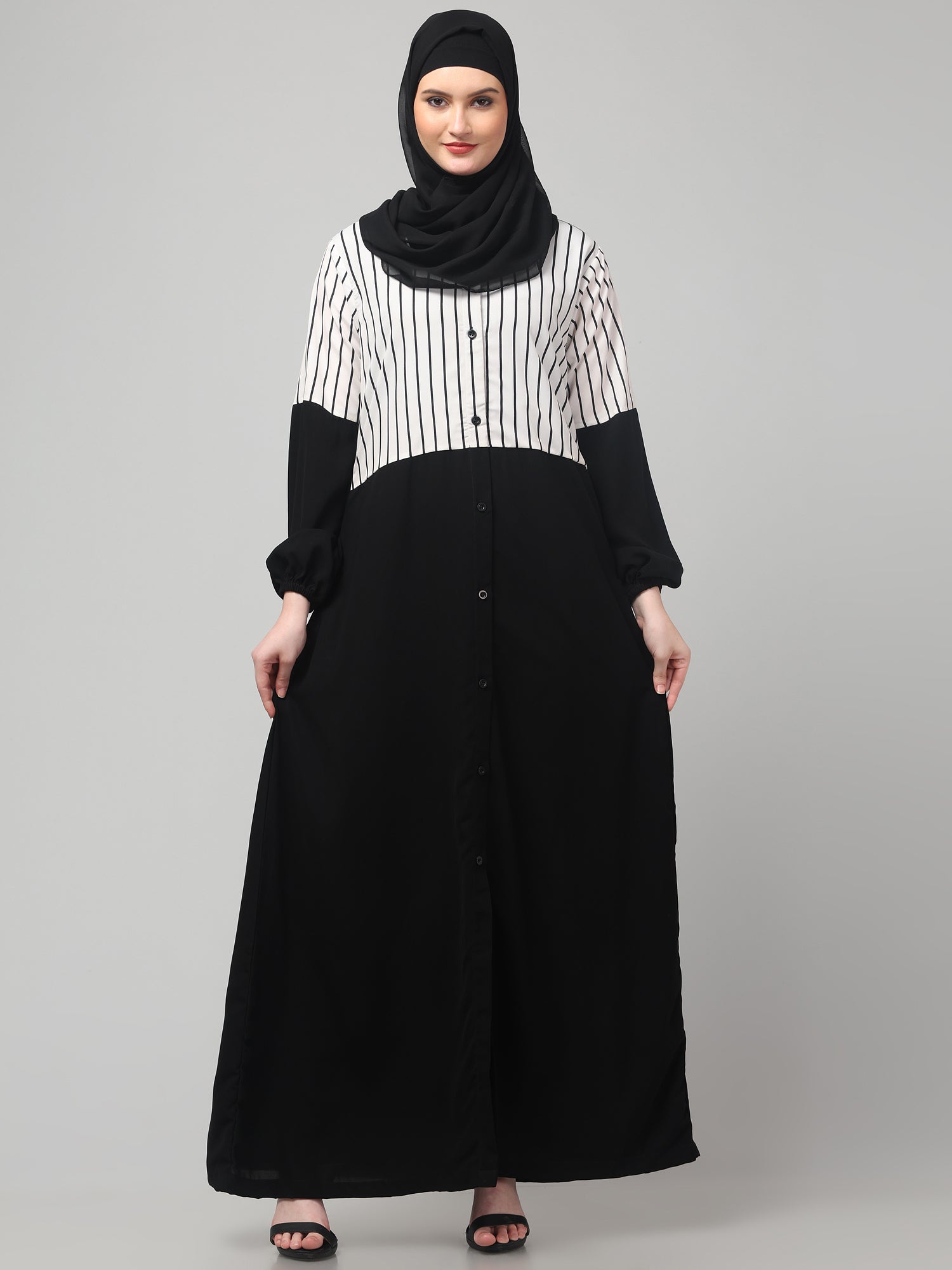 Front Open Black and White Yog Abaya Burqa with Hijab