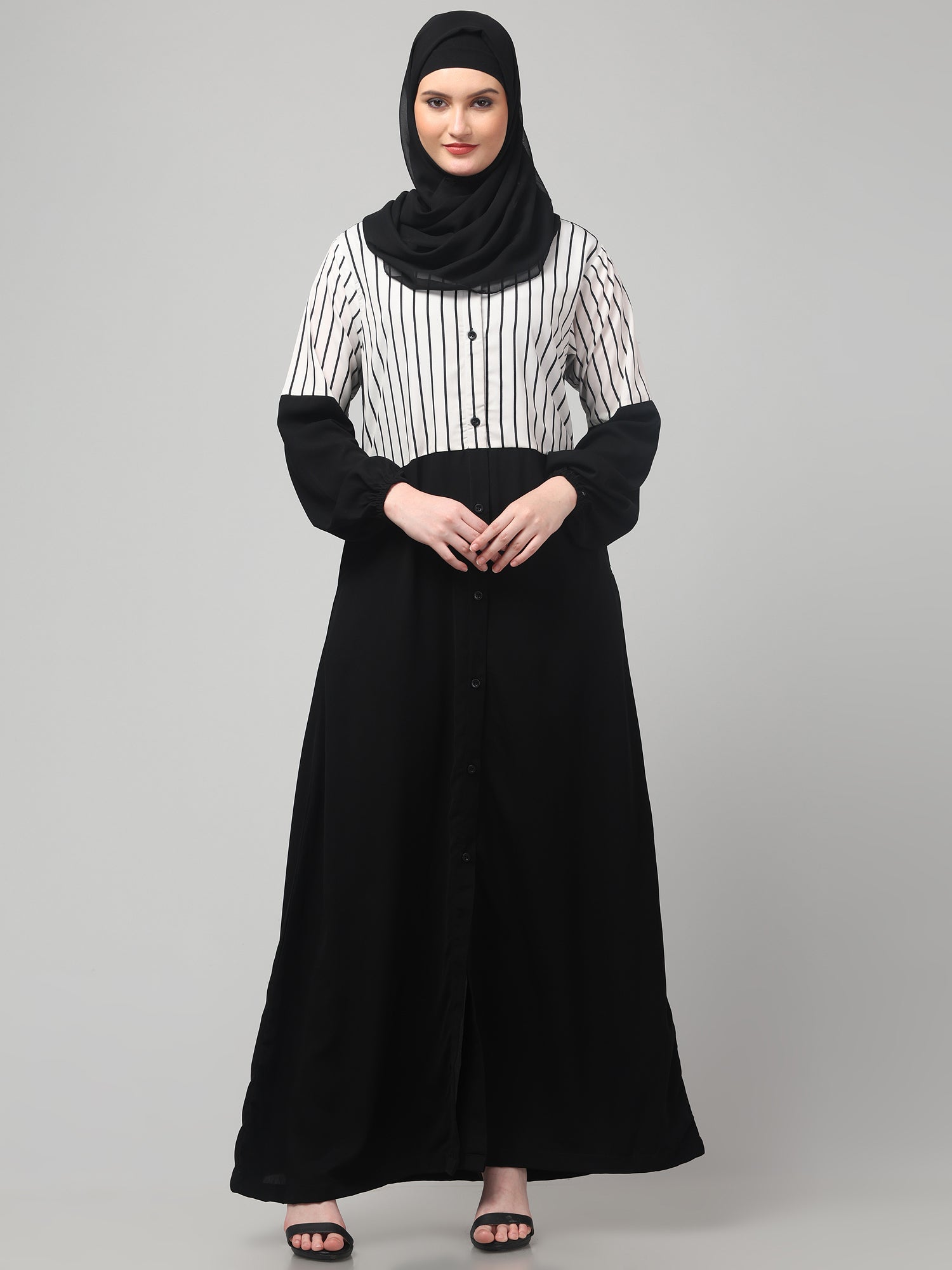 Front Open Black and White Yog Abaya Burqa with Hijab