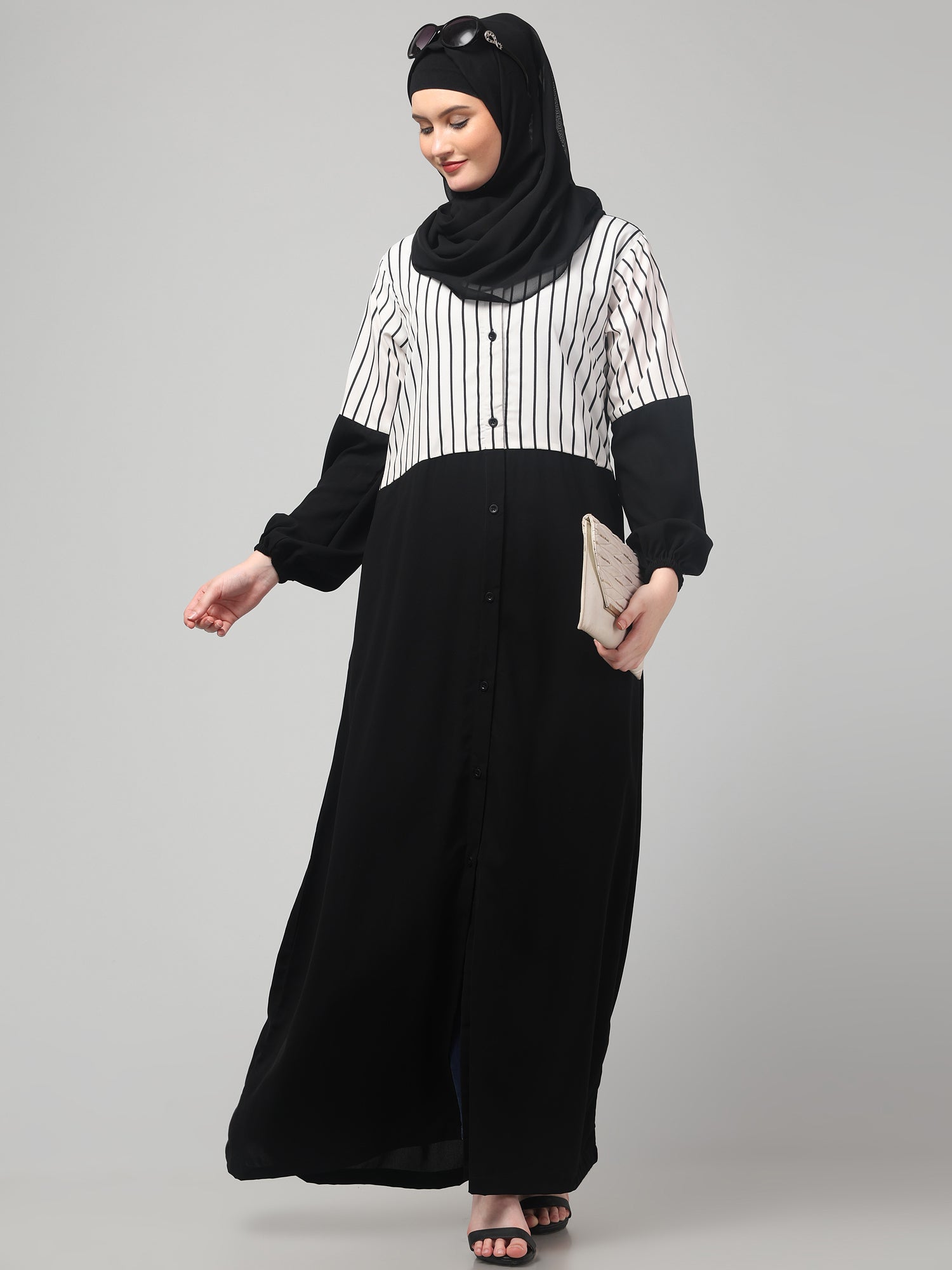 Front Open Black and White Yog Abaya Burqa with Hijab