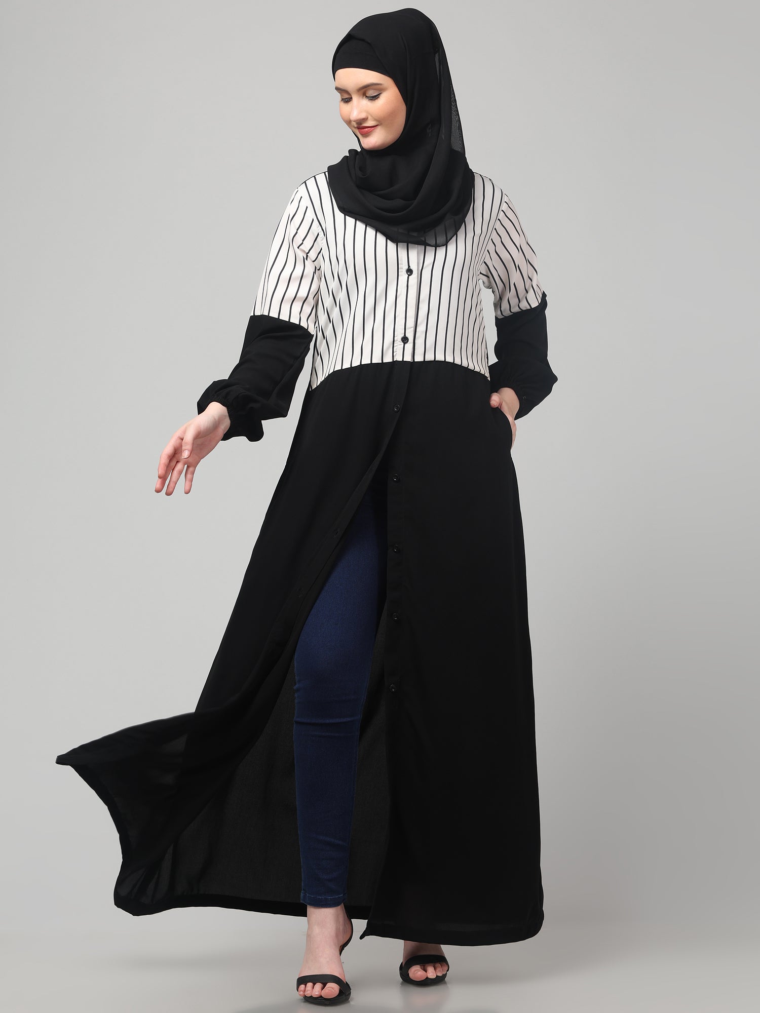 Front Open Black and White Yog Abaya Burqa with Hijab