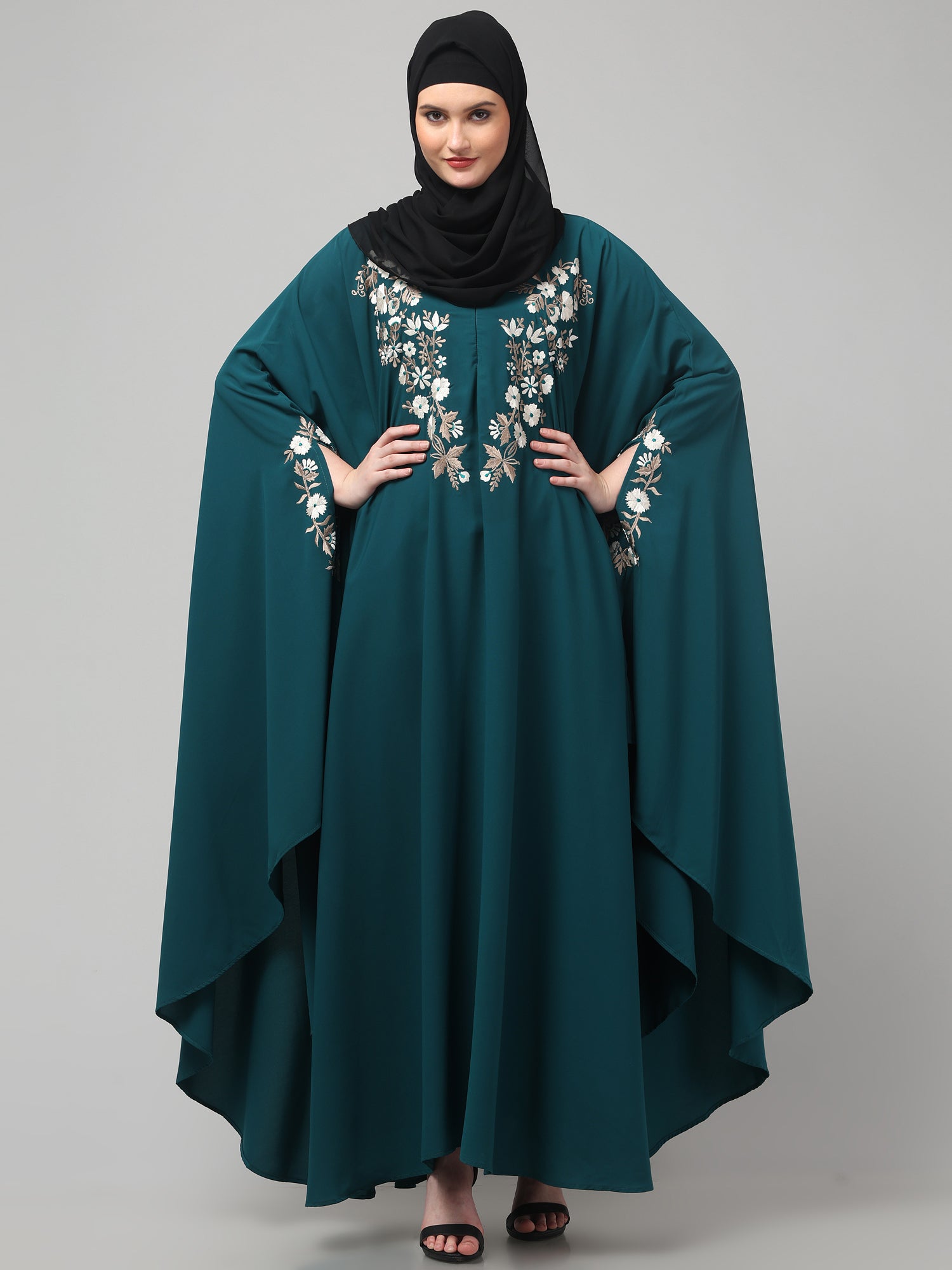 Bottle Green Embroidered Free Size Irani Kaftan Abaya for Women & Girls