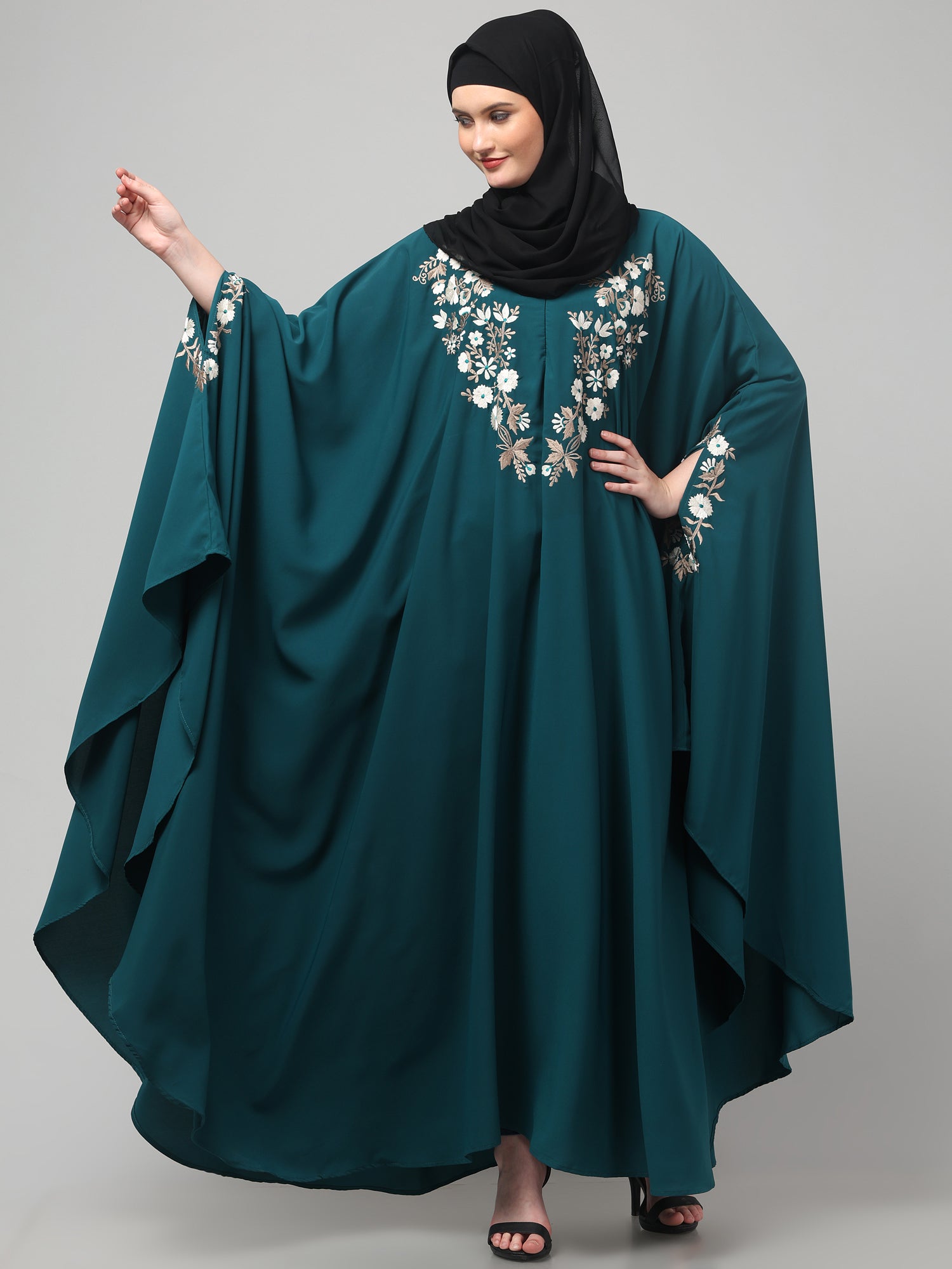 Bottle Green Embroidered Free Size Irani Kaftan Abaya for Women & Girls