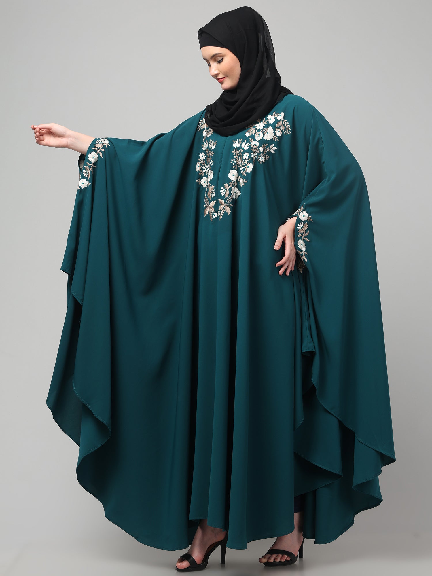 Bottle Green Embroidered Free Size Irani Kaftan Abaya for Women & Girls