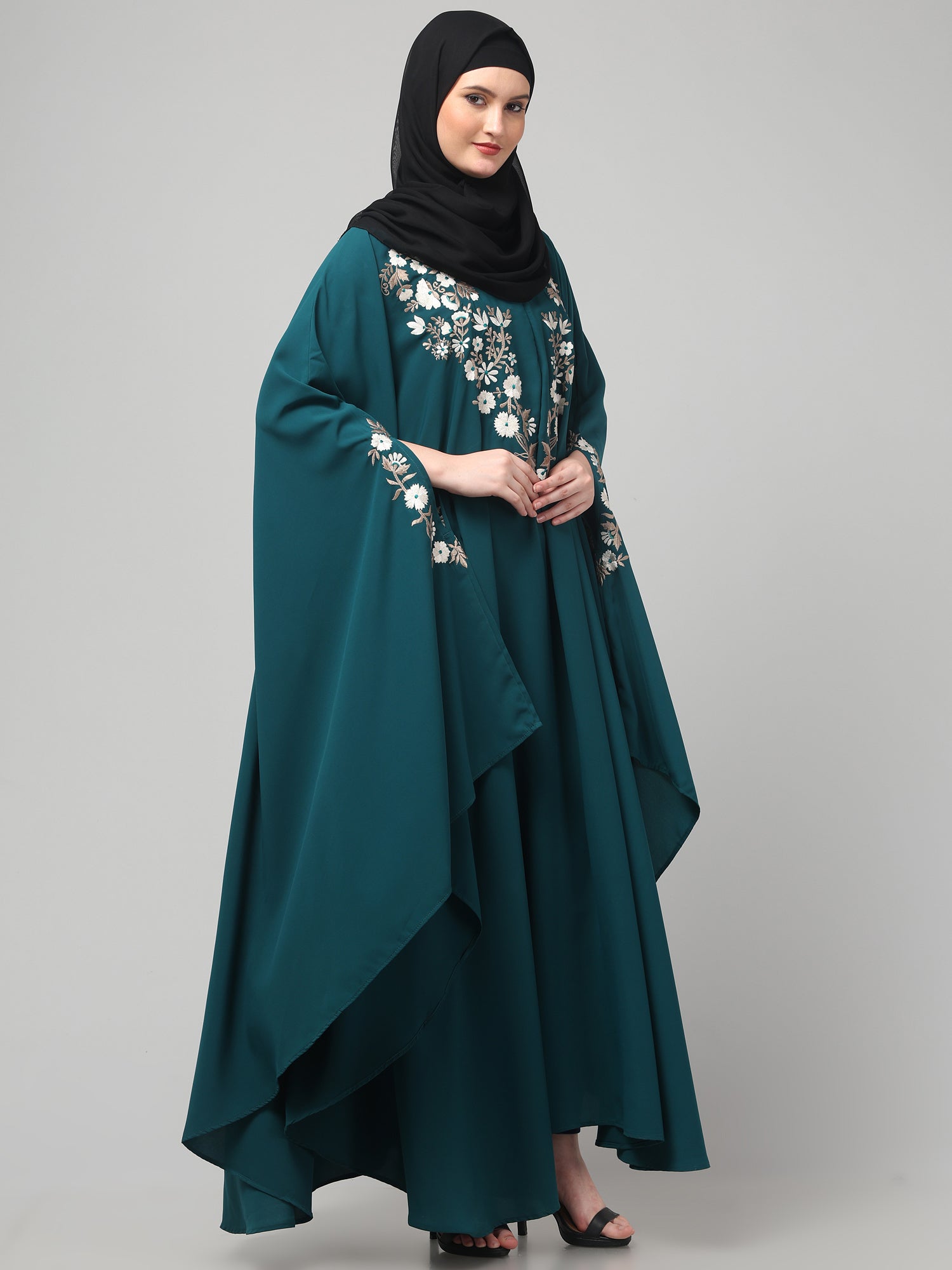 Bottle Green Embroidered Free Size Irani Kaftan Abaya for Women & Girls