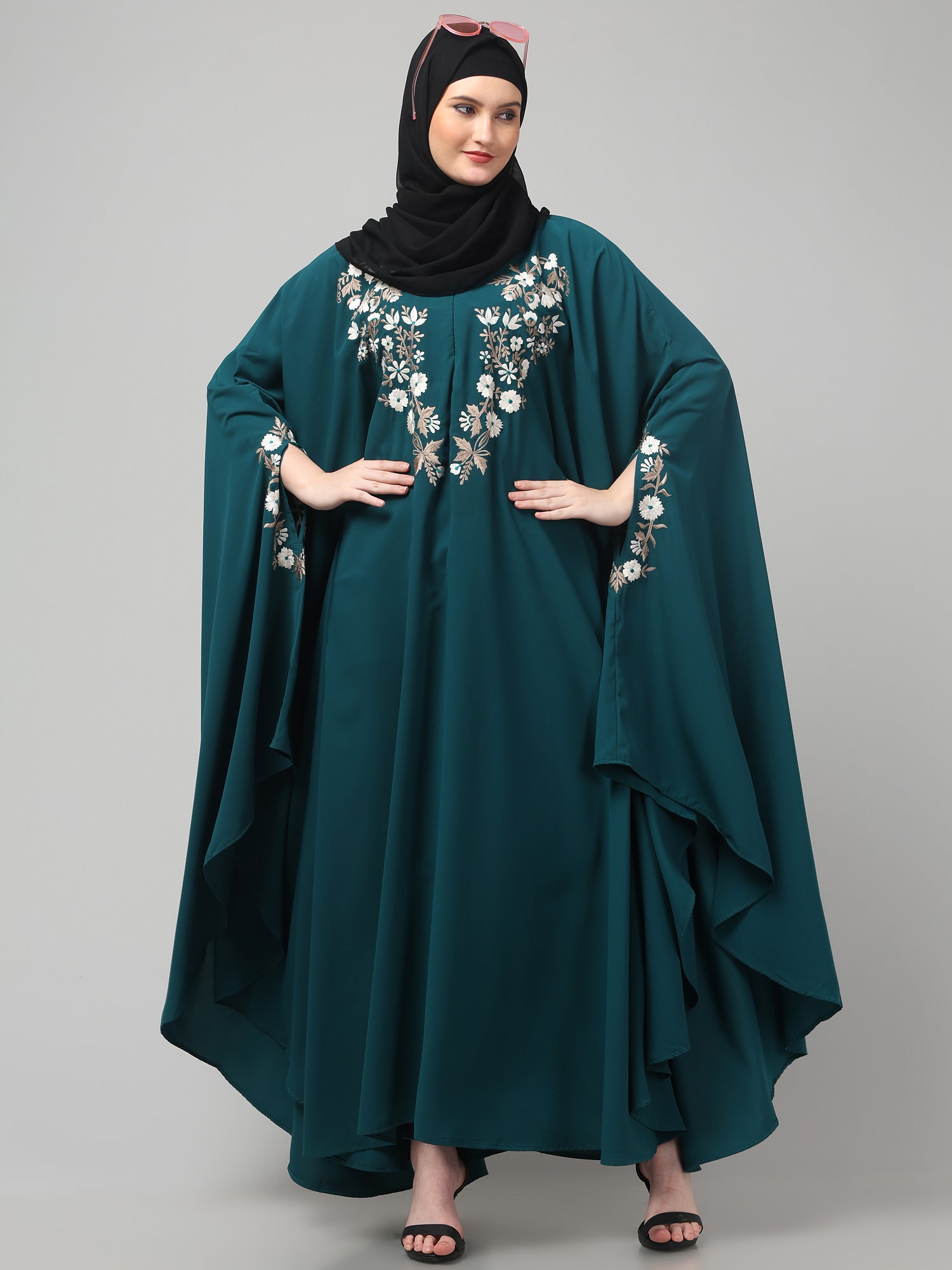 Bottle Green Embroidered Free Size Irani Kaftan Abaya for Women & Girls