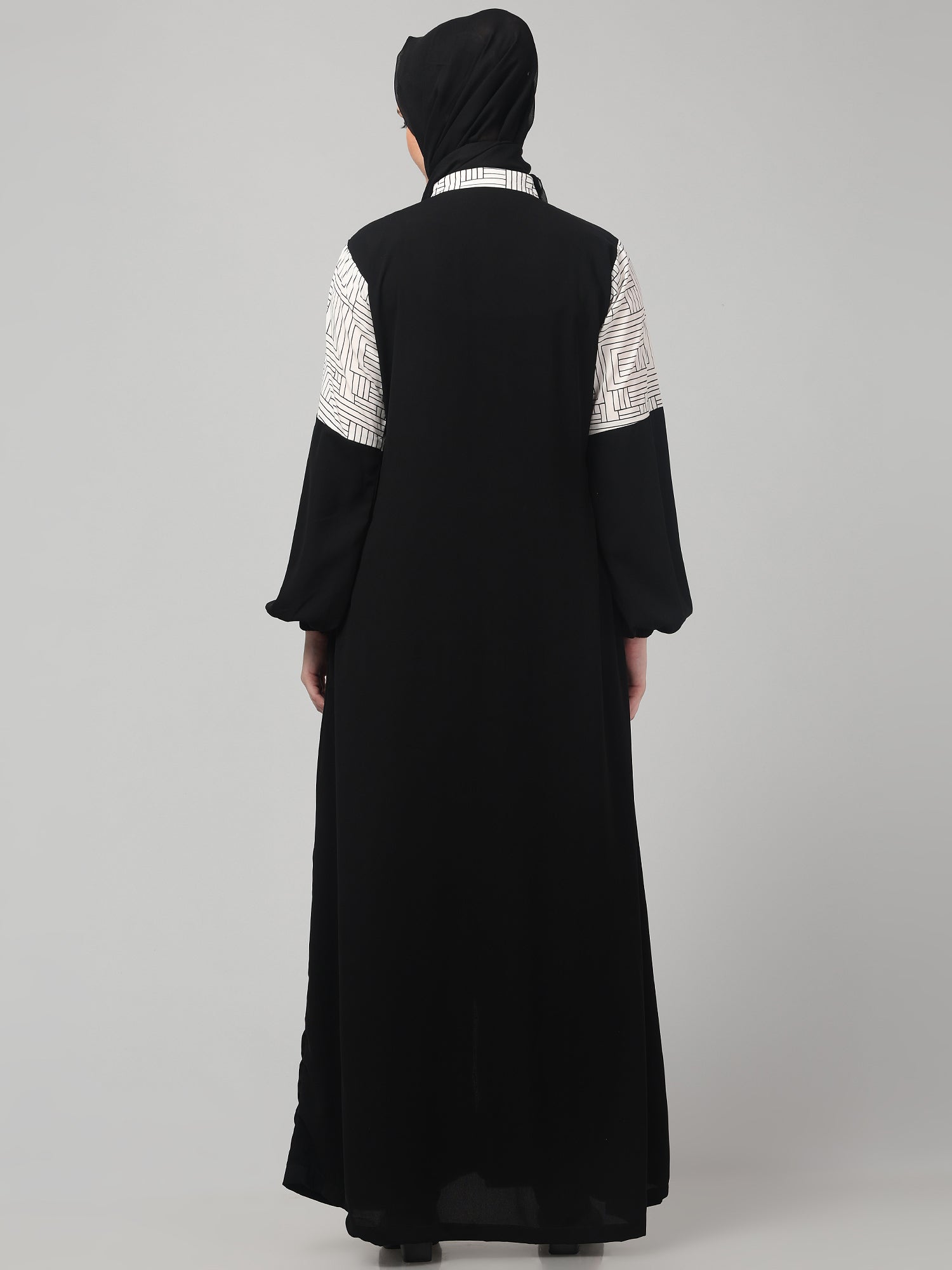 Front Open Black & White Women Abaya Burqa with Hijab