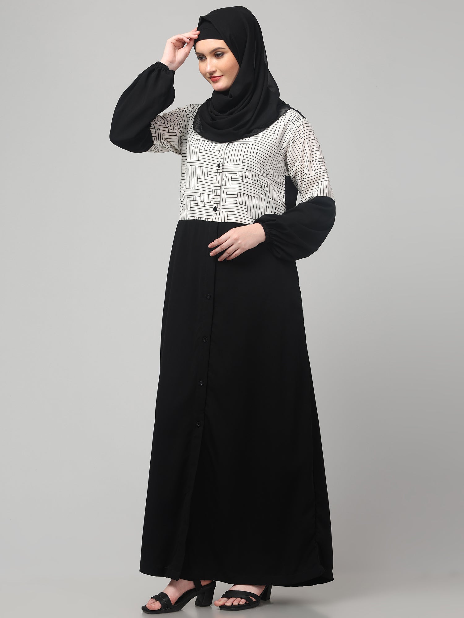 Front Open Black & White Women Abaya Burqa with Hijab