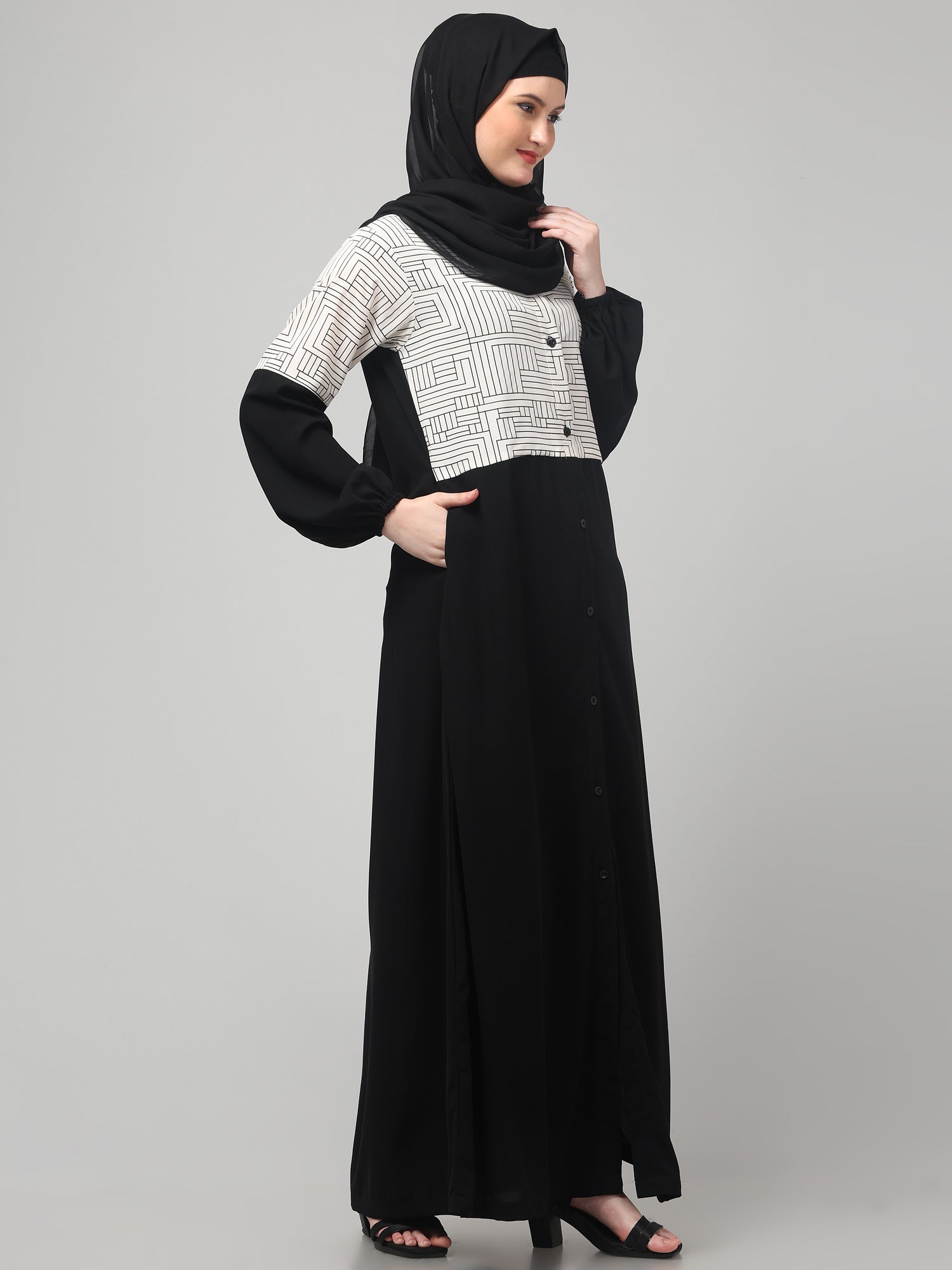 Front Open Black & White Women Abaya Burqa with Hijab