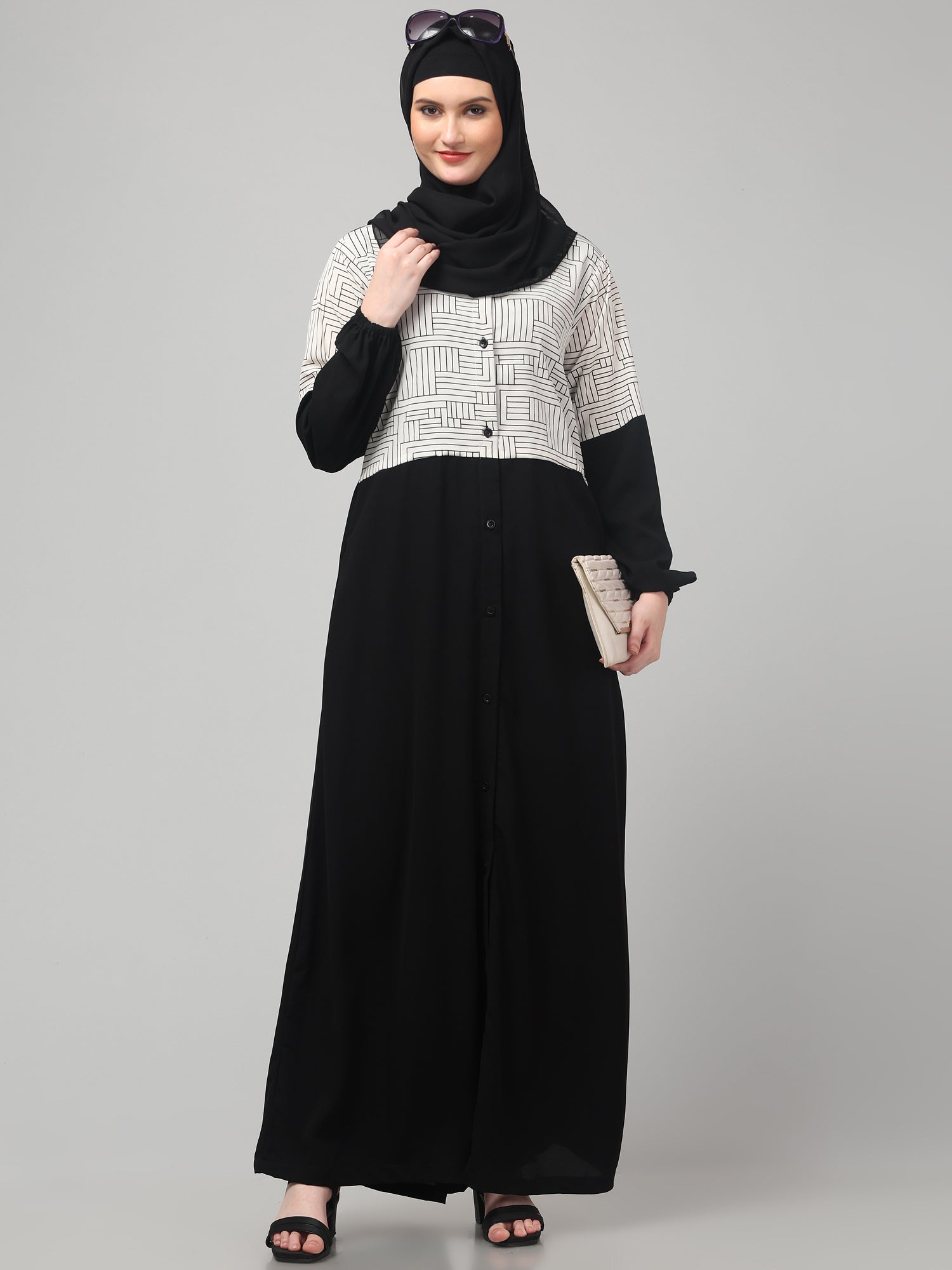 Front Open Black & White Women Abaya Burqa with Hijab