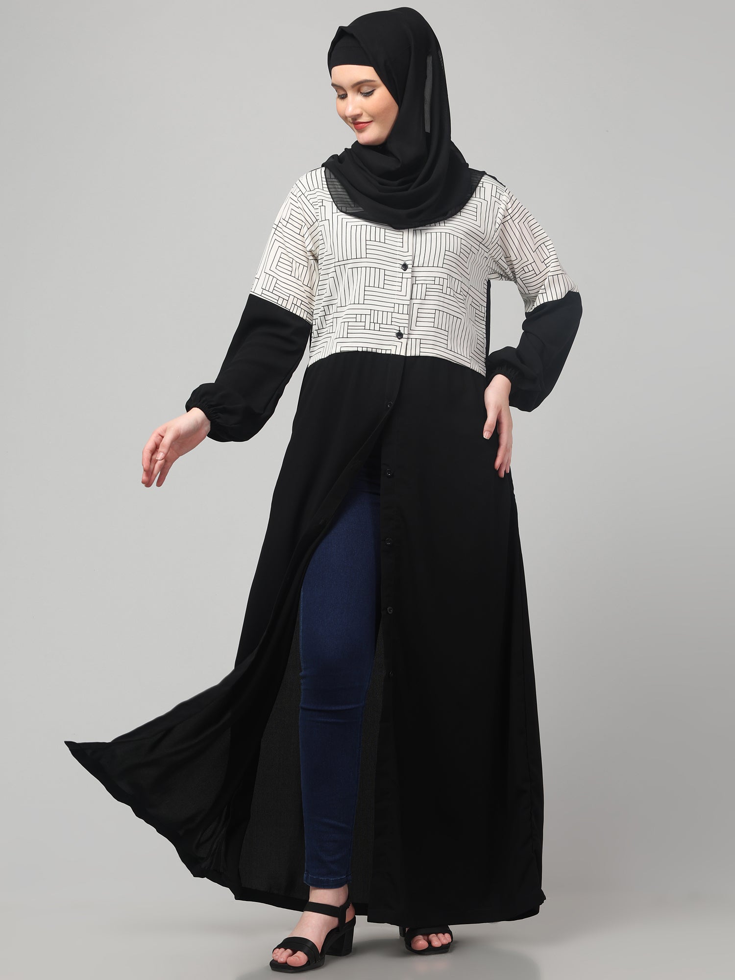 Front Open Black & White Women Abaya Burqa with Hijab