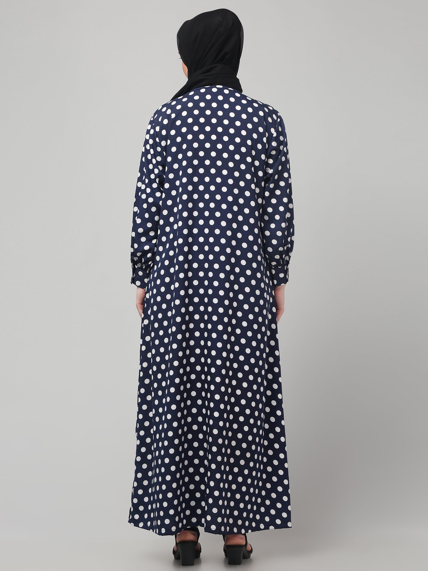Blue Front Open Polka Dot Printed Crepe Abaya