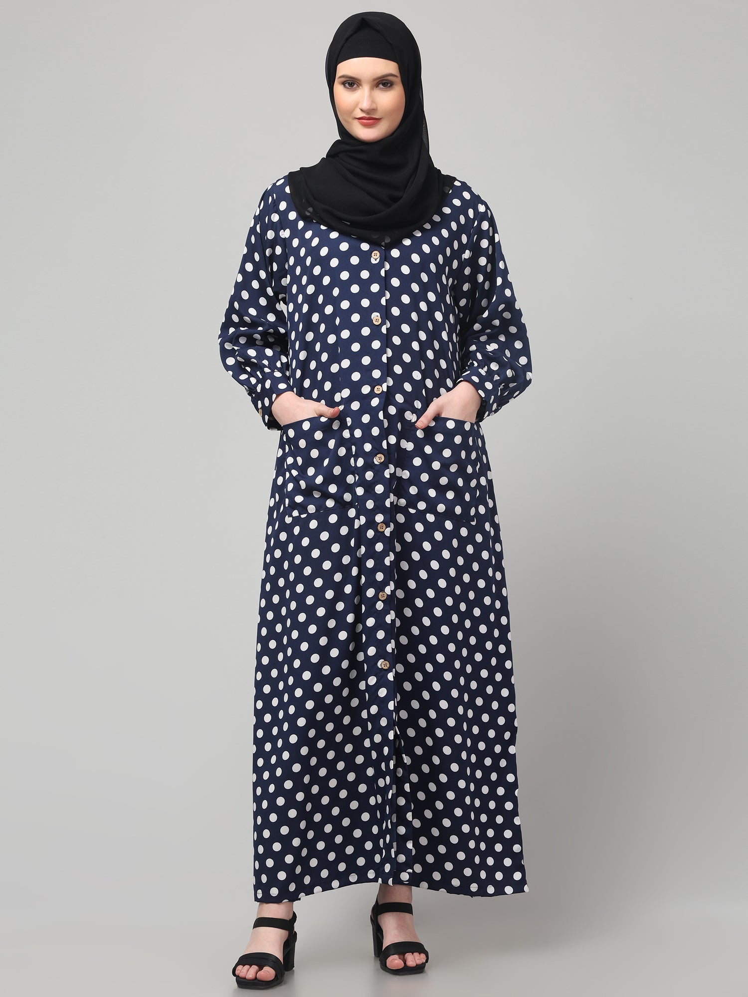 Blue Front Open Polka Dot Printed Crepe Abaya
