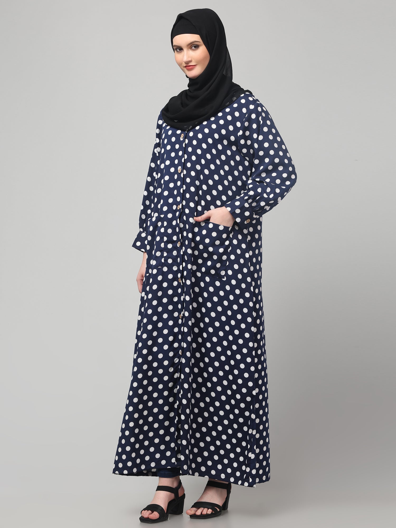 Blue Front Open Polka Dot Printed Crepe Abaya
