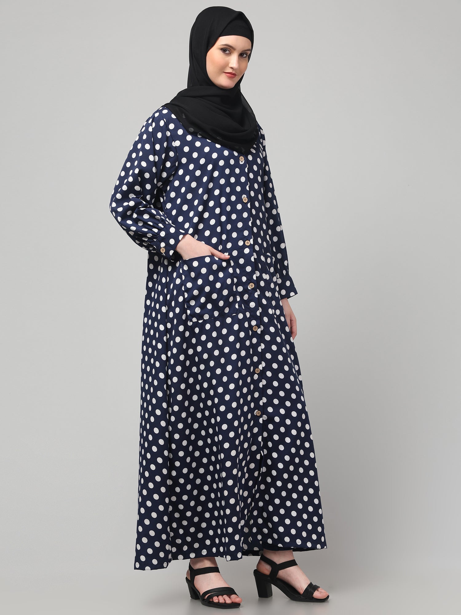 Blue Front Open Polka Dot Printed Crepe Abaya