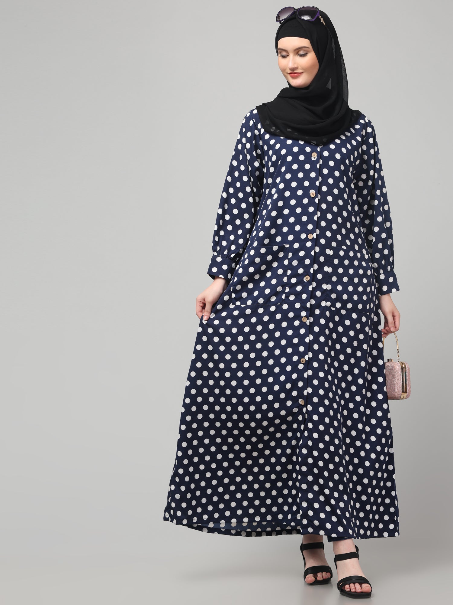 Blue Front Open Polka Dot Printed Crepe Abaya