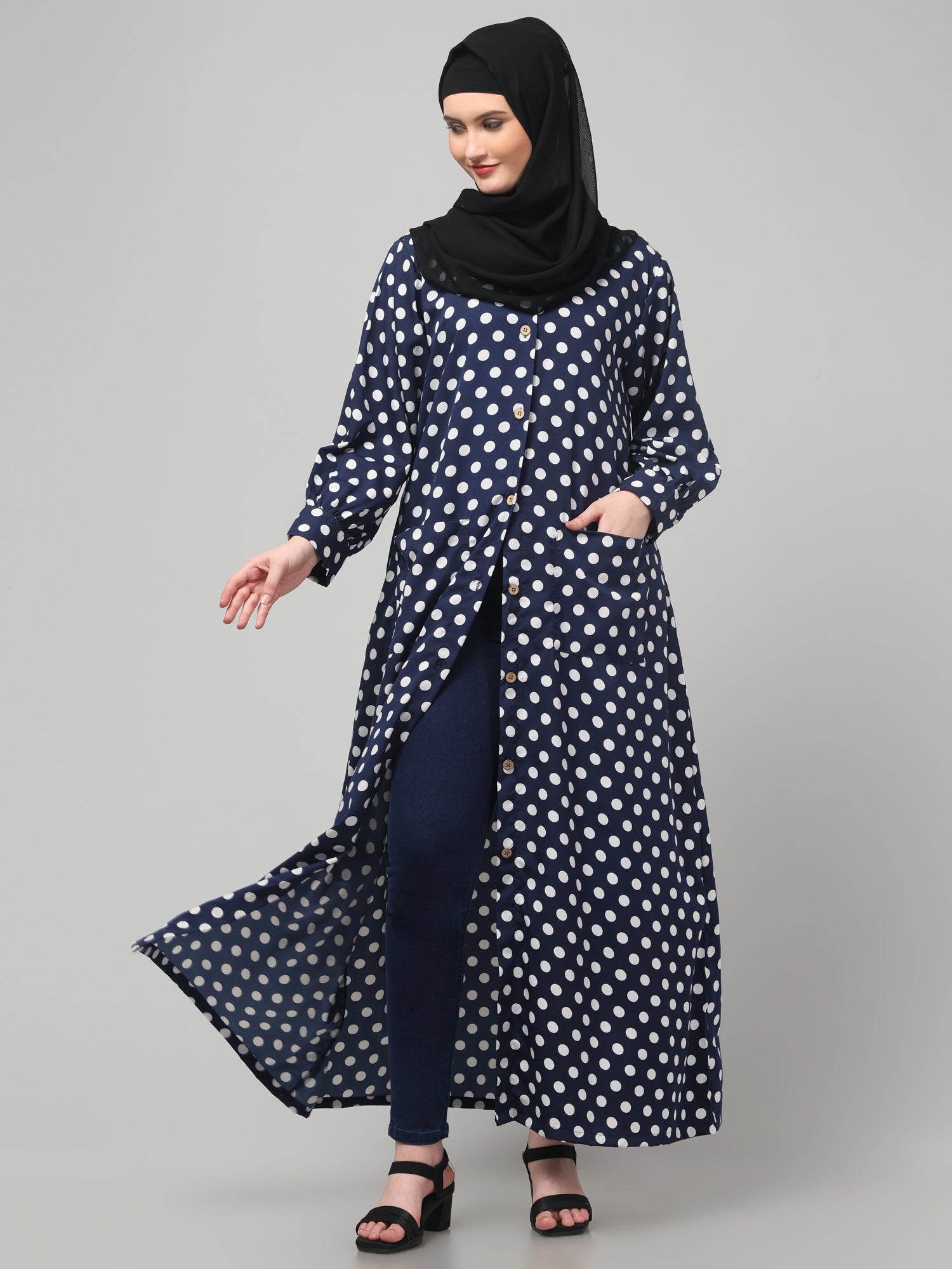 Blue Front Open Polka Dot Printed Crepe Abaya