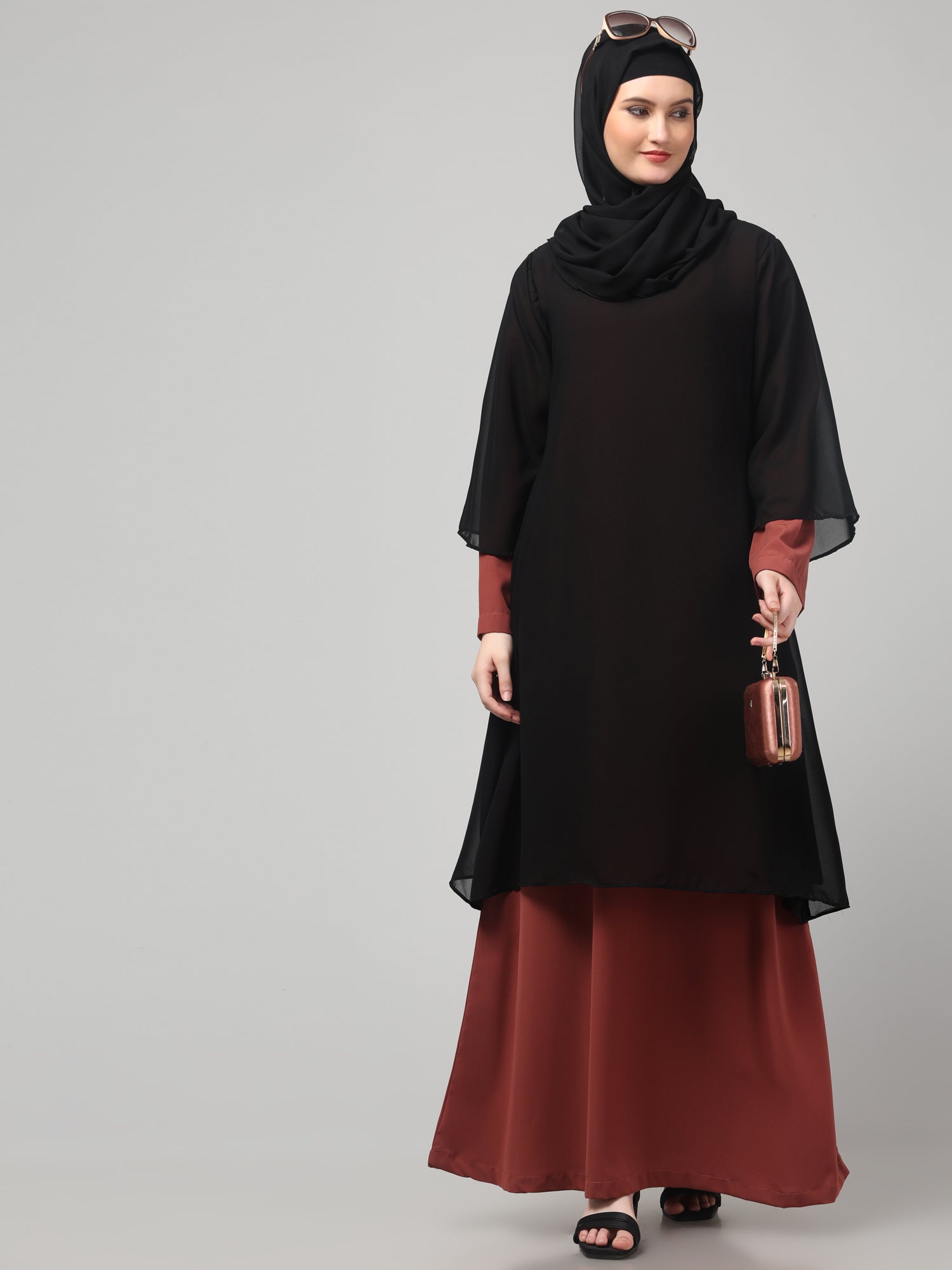 Black & Maroon Modest Attached Shrug for Women & Girls