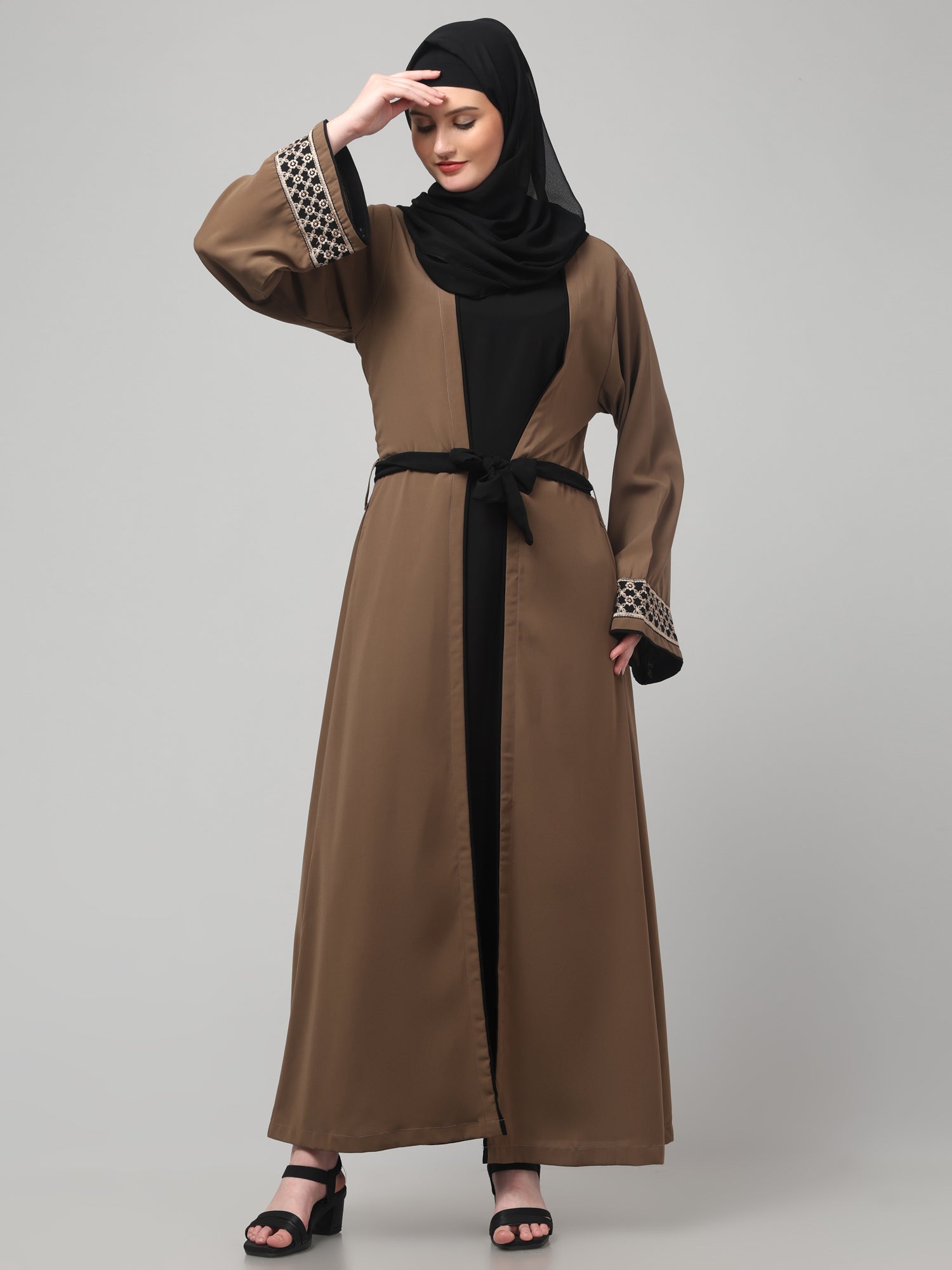 2-Piece Embroidered Oat and Black Shrug Set for Women & Girls