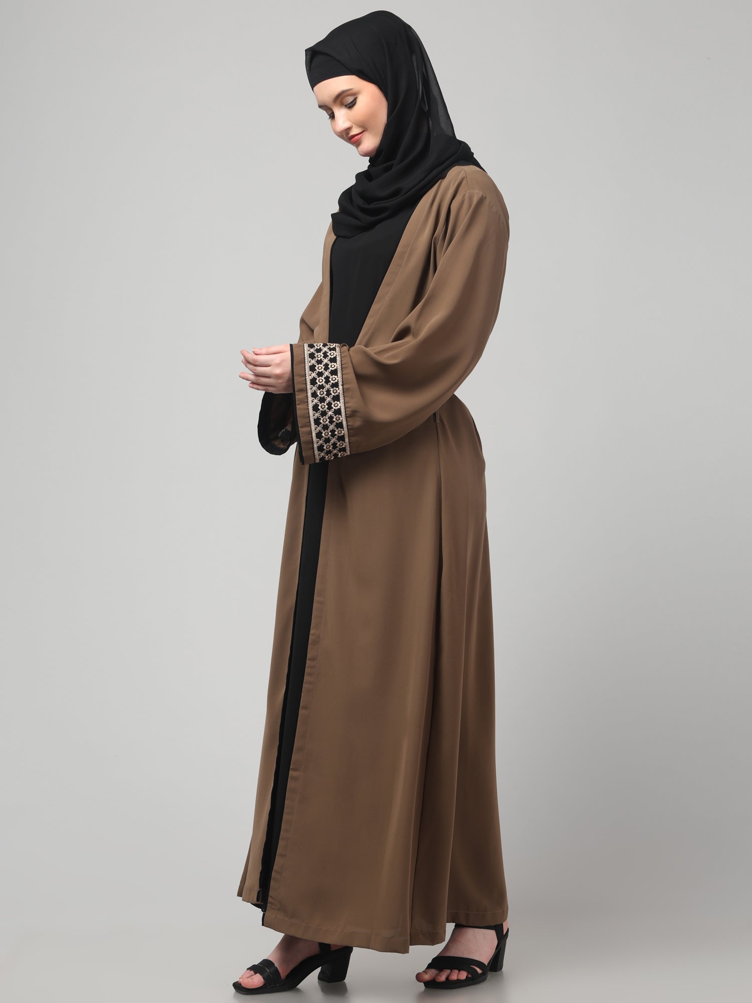 2-Piece Embroidered Oat and Black Shrug Set for Women & Girls