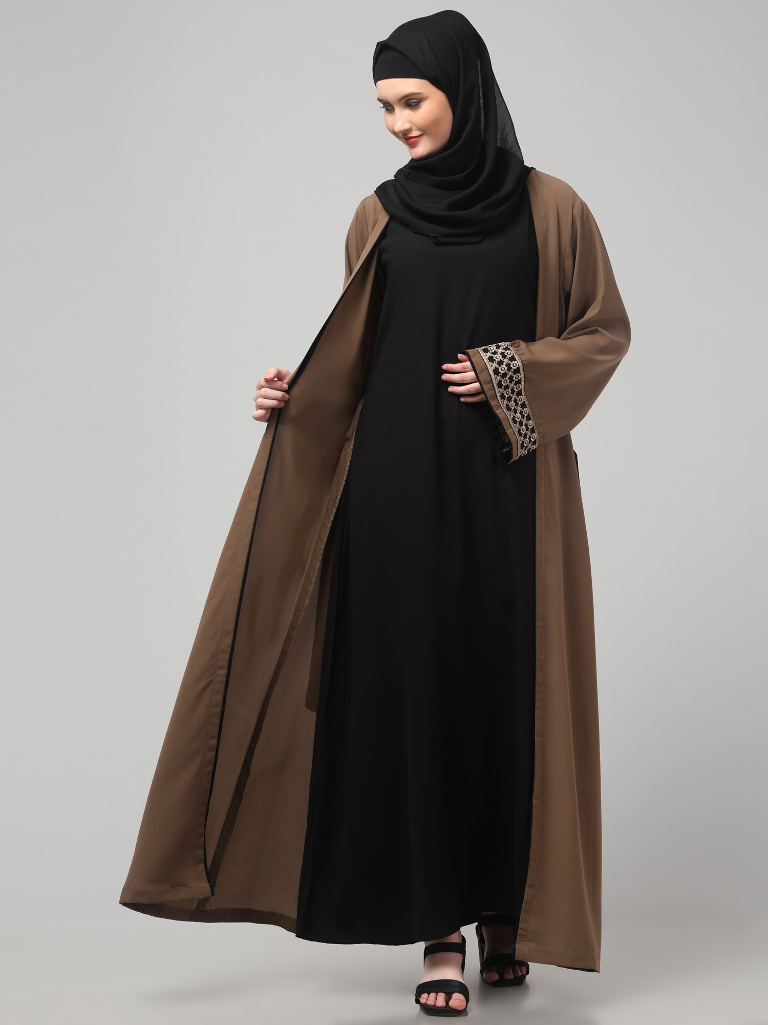 2-Piece Embroidered Oat and Black Shrug Set for Women & Girls