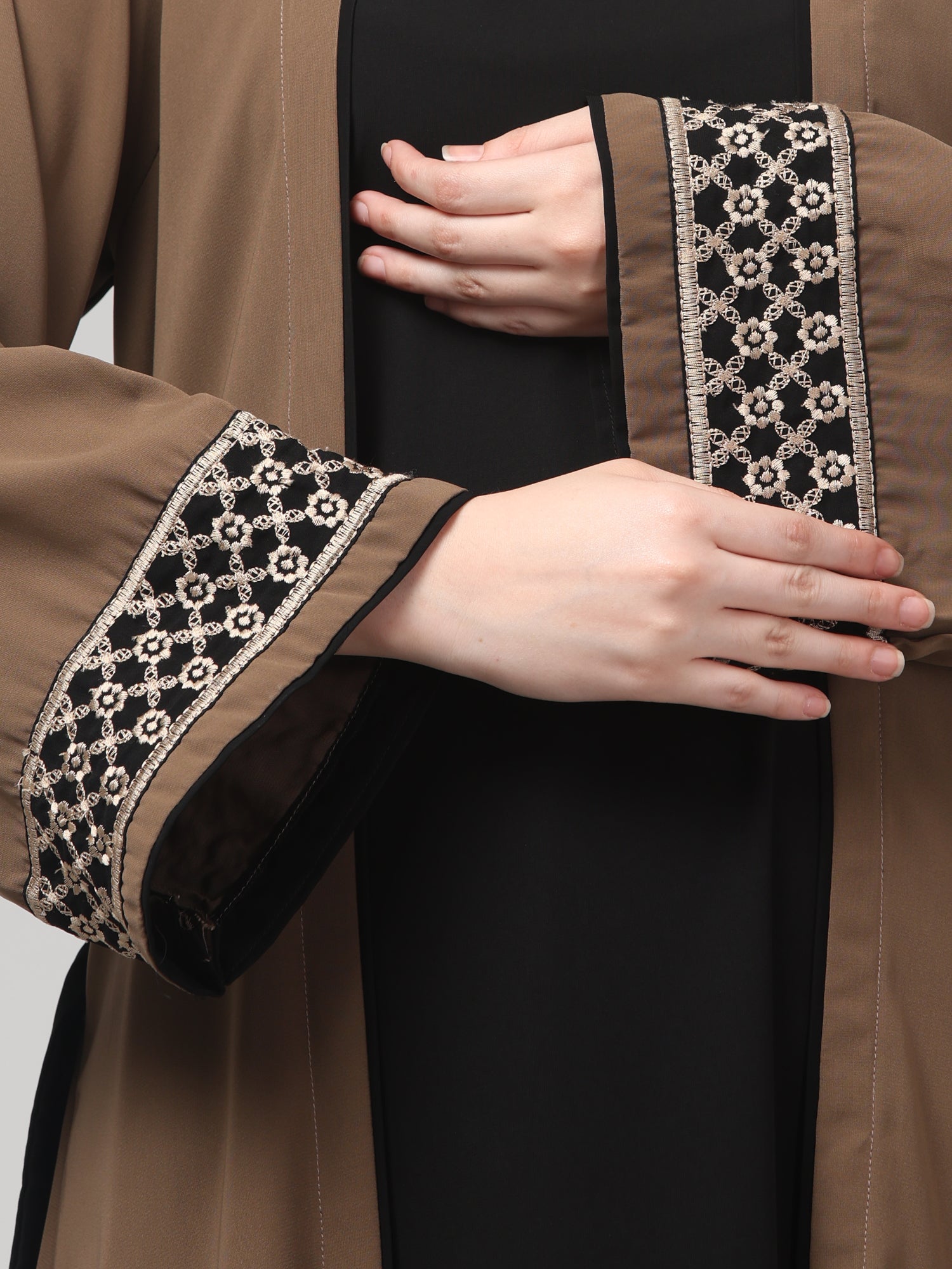 2-Piece Embroidered Oat and Black Shrug Set for Women & Girls