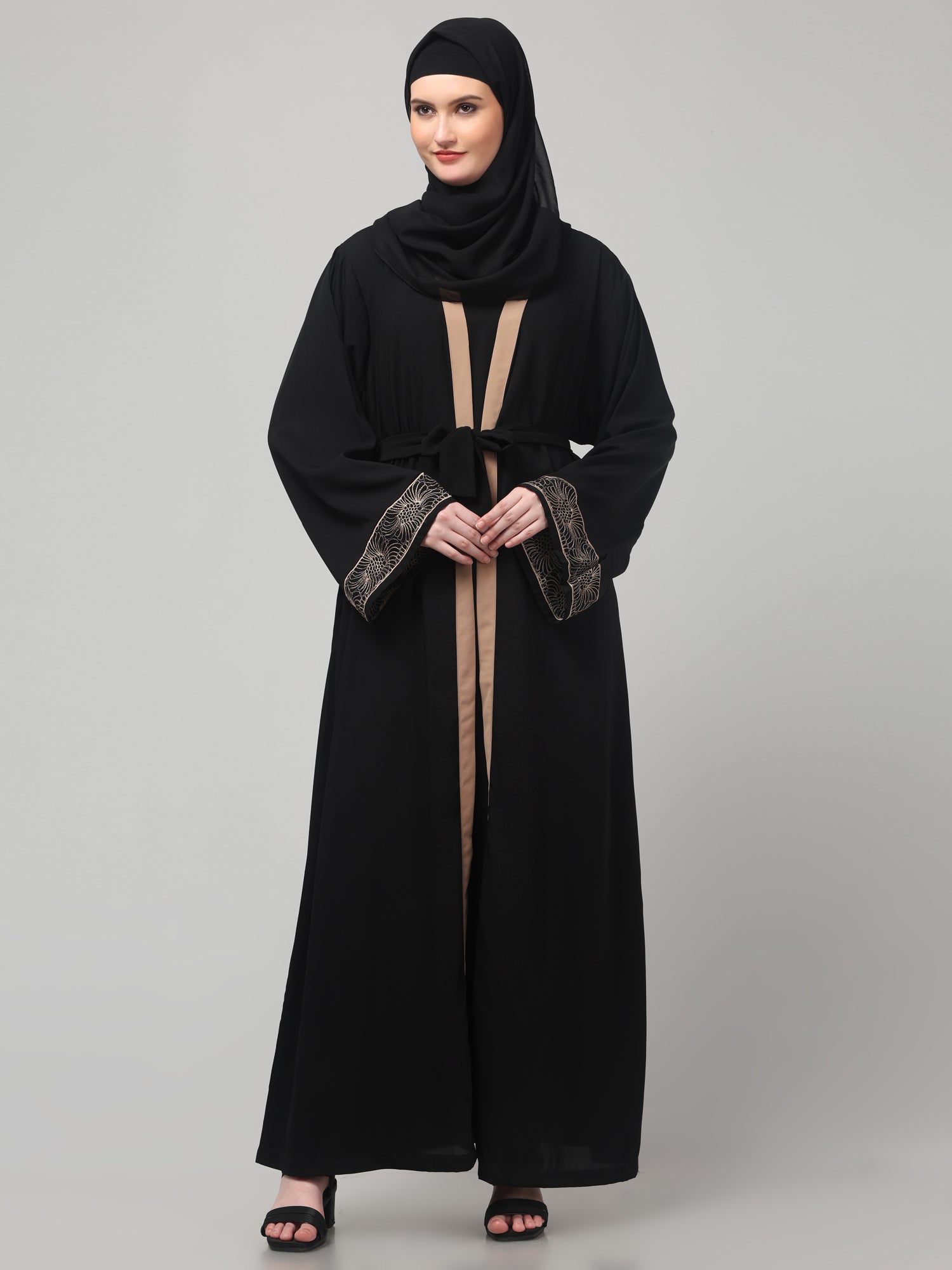 2-Piece Embroidered Black Piping Shrug Set for Women & Girls