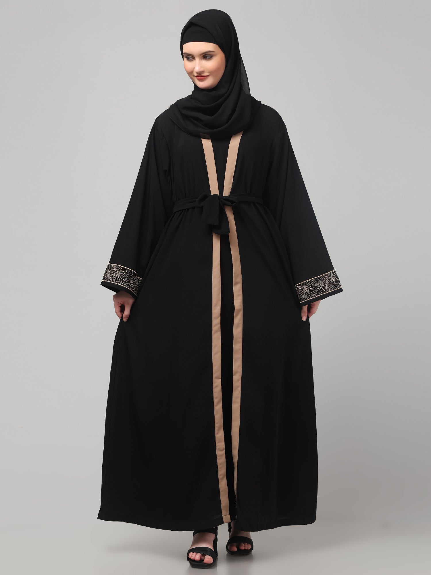 2-Piece Embroidered Black Piping Shrug Set for Women & Girls