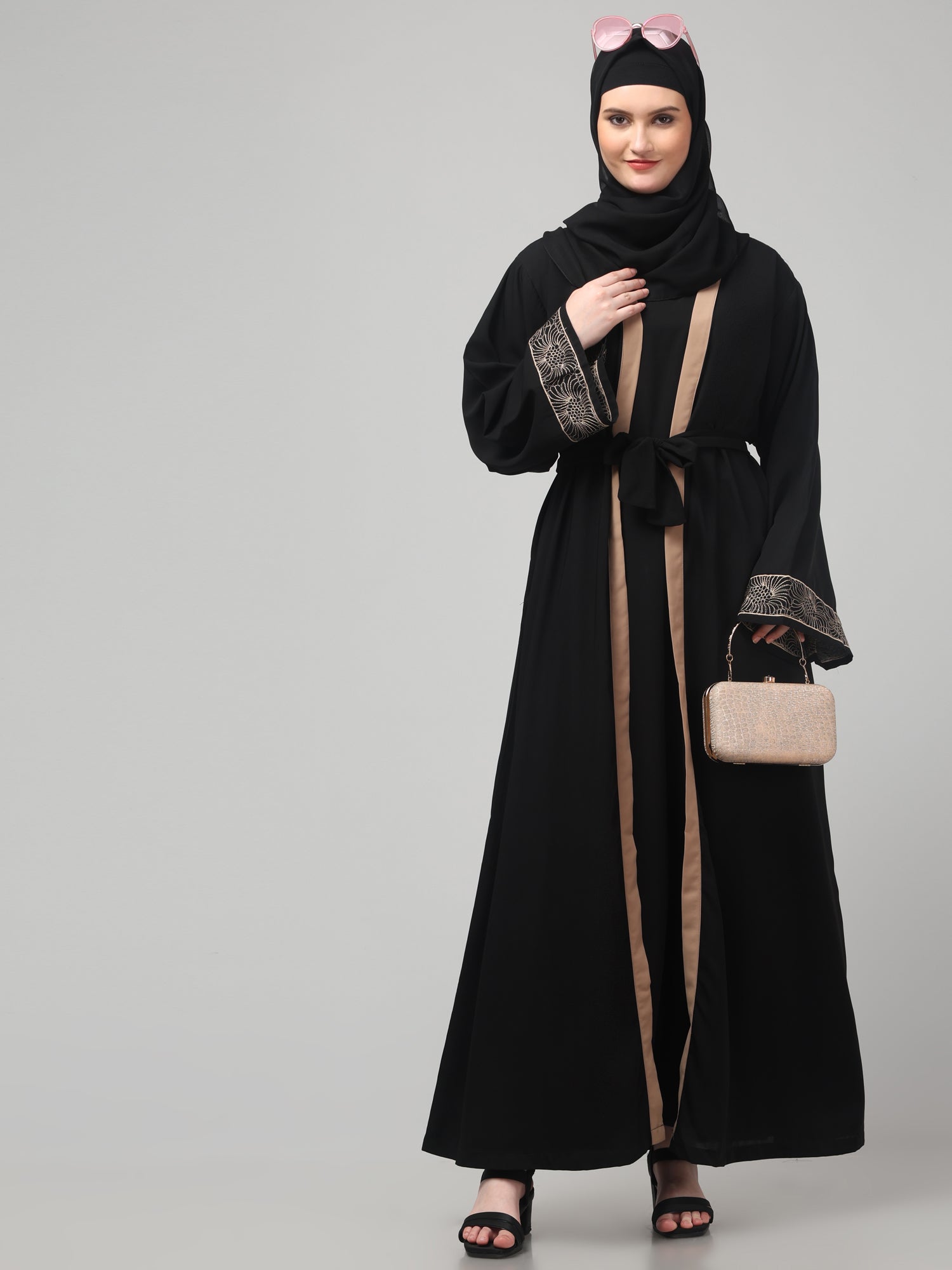 2-Piece Embroidered Black Piping Shrug Set for Women & Girls