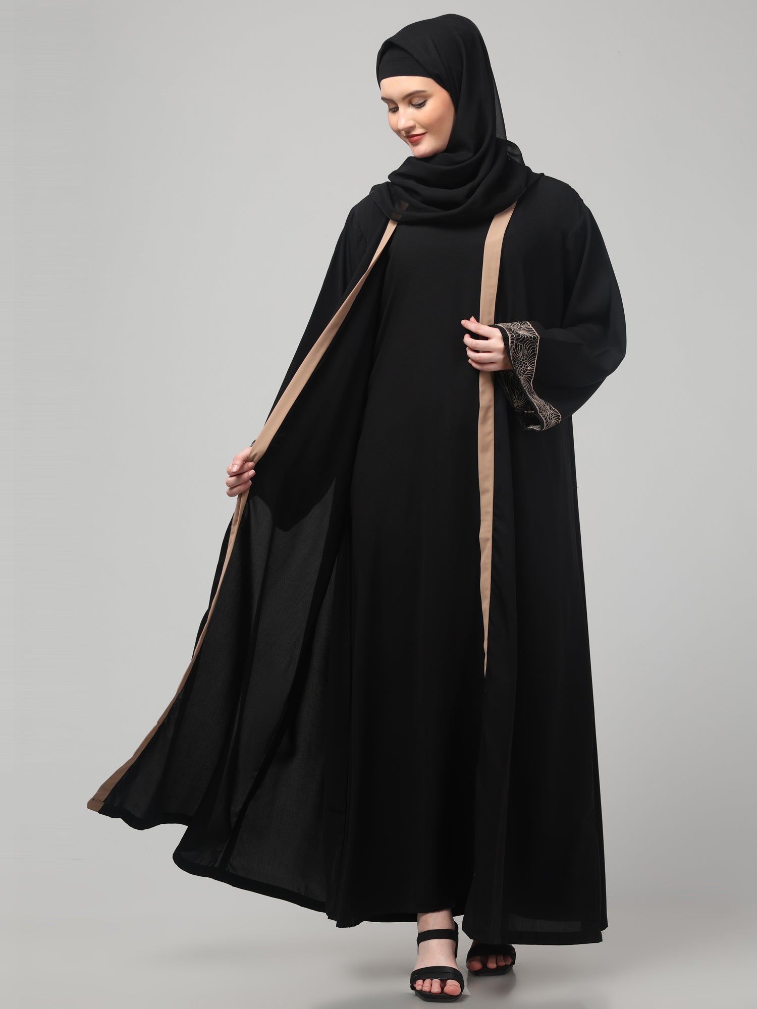 2-Piece Embroidered Black Piping Shrug Set for Women & Girls