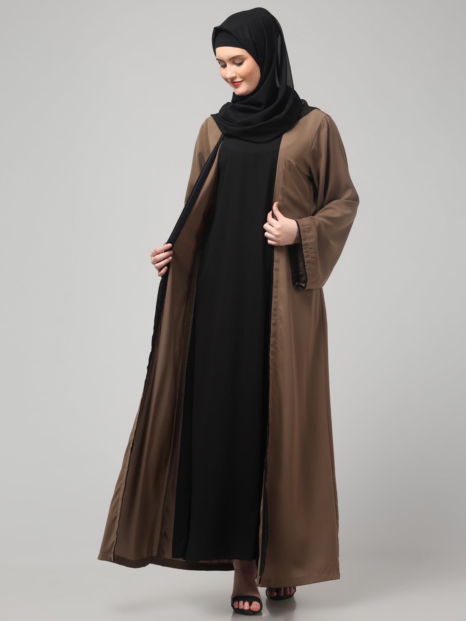 2-Piece Solid Oat and Black Shrug Set for Women & Girls