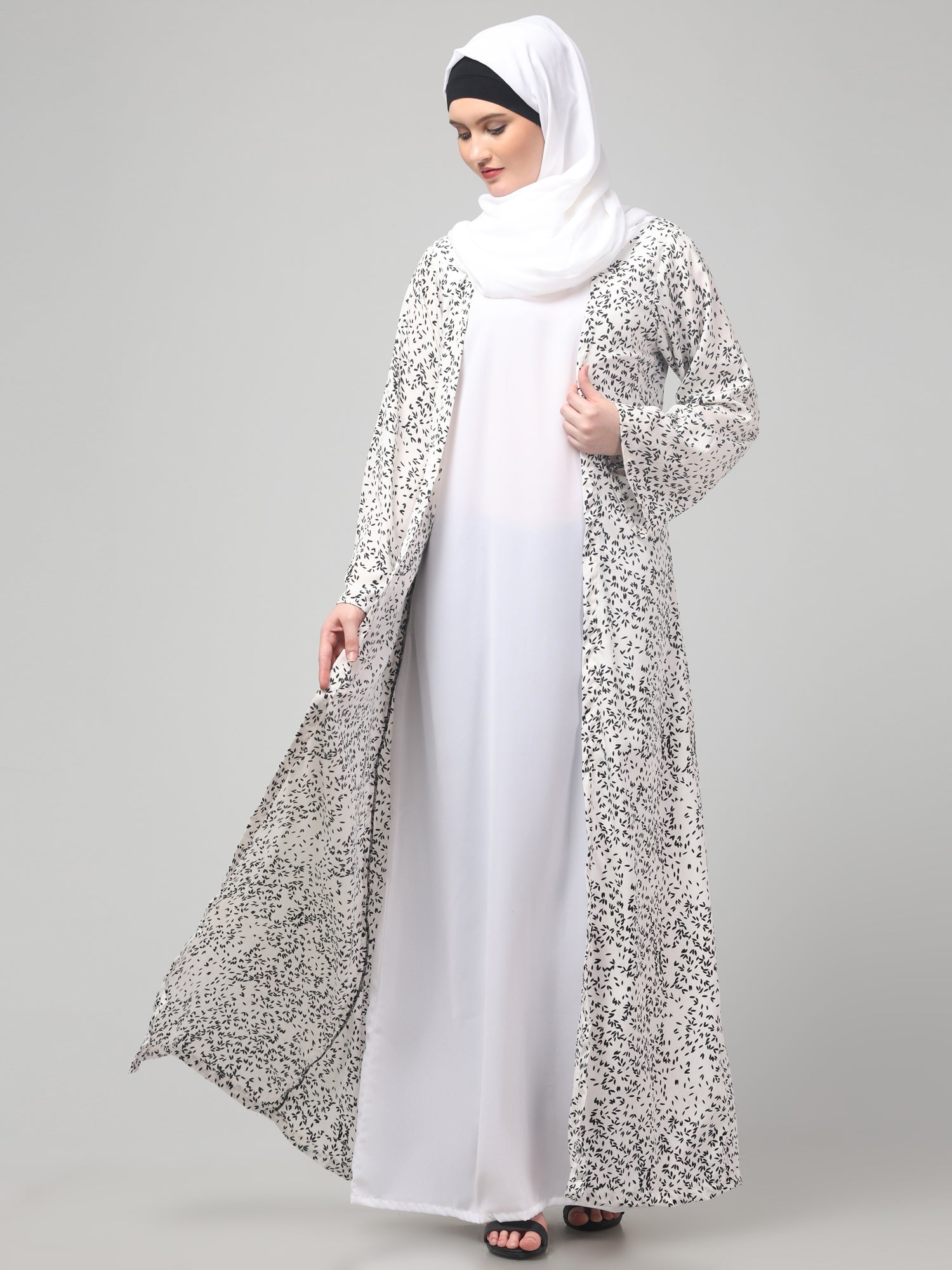 2-Piece White Floral Printed Shrug Set for Women