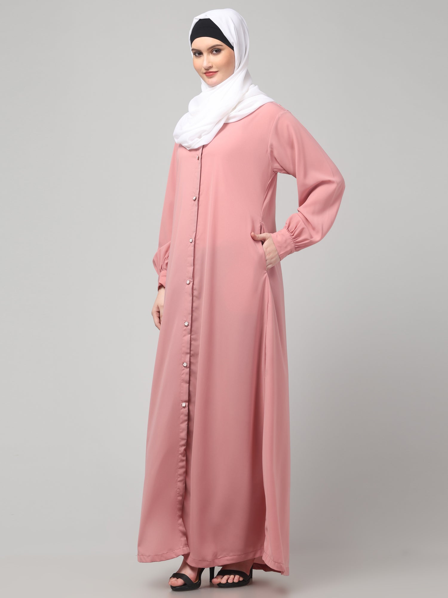 Pink Front Open Abaya Burqa with Button Detailing