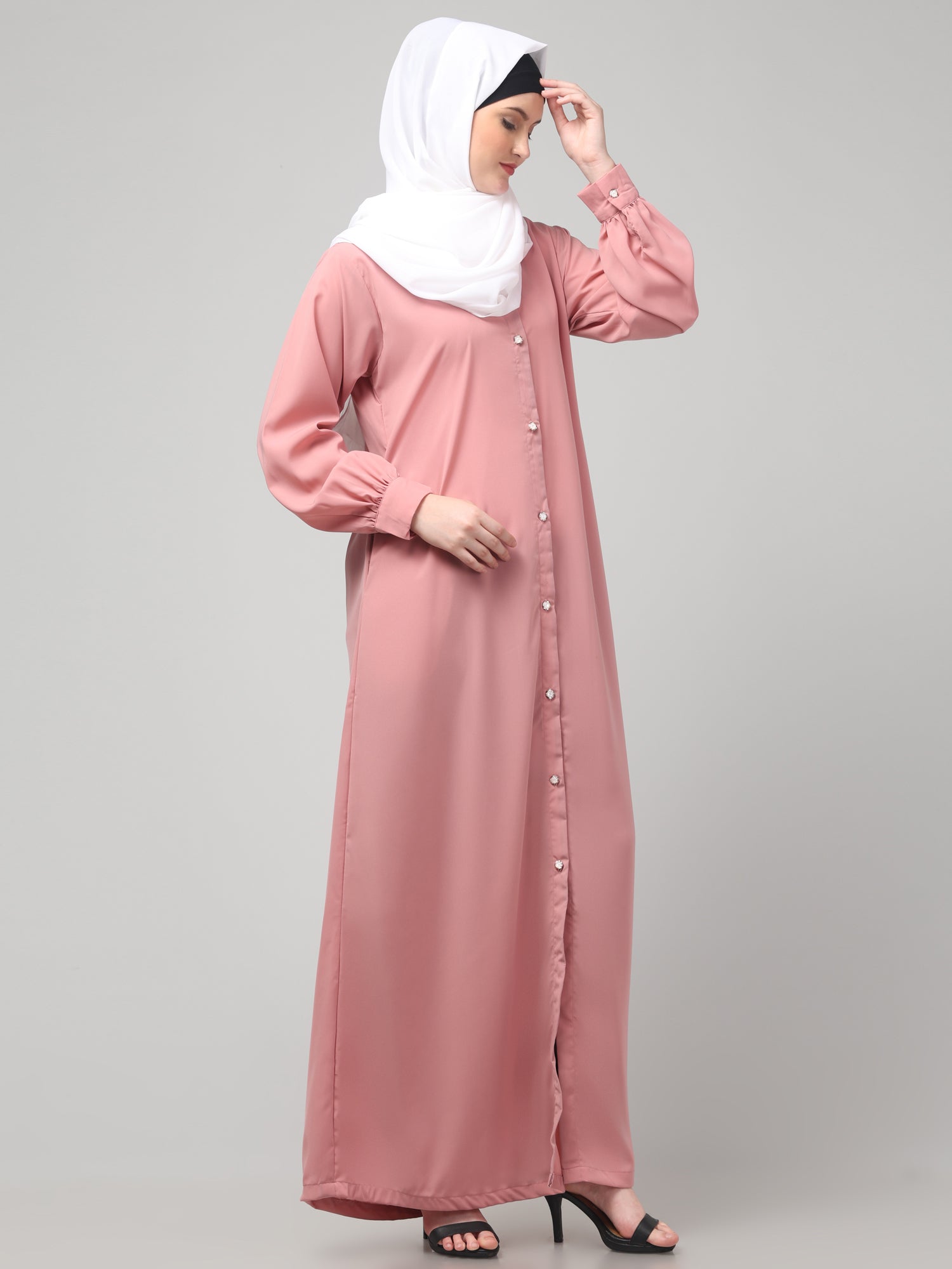 Pink Front Open Abaya Burqa with Button Detailing