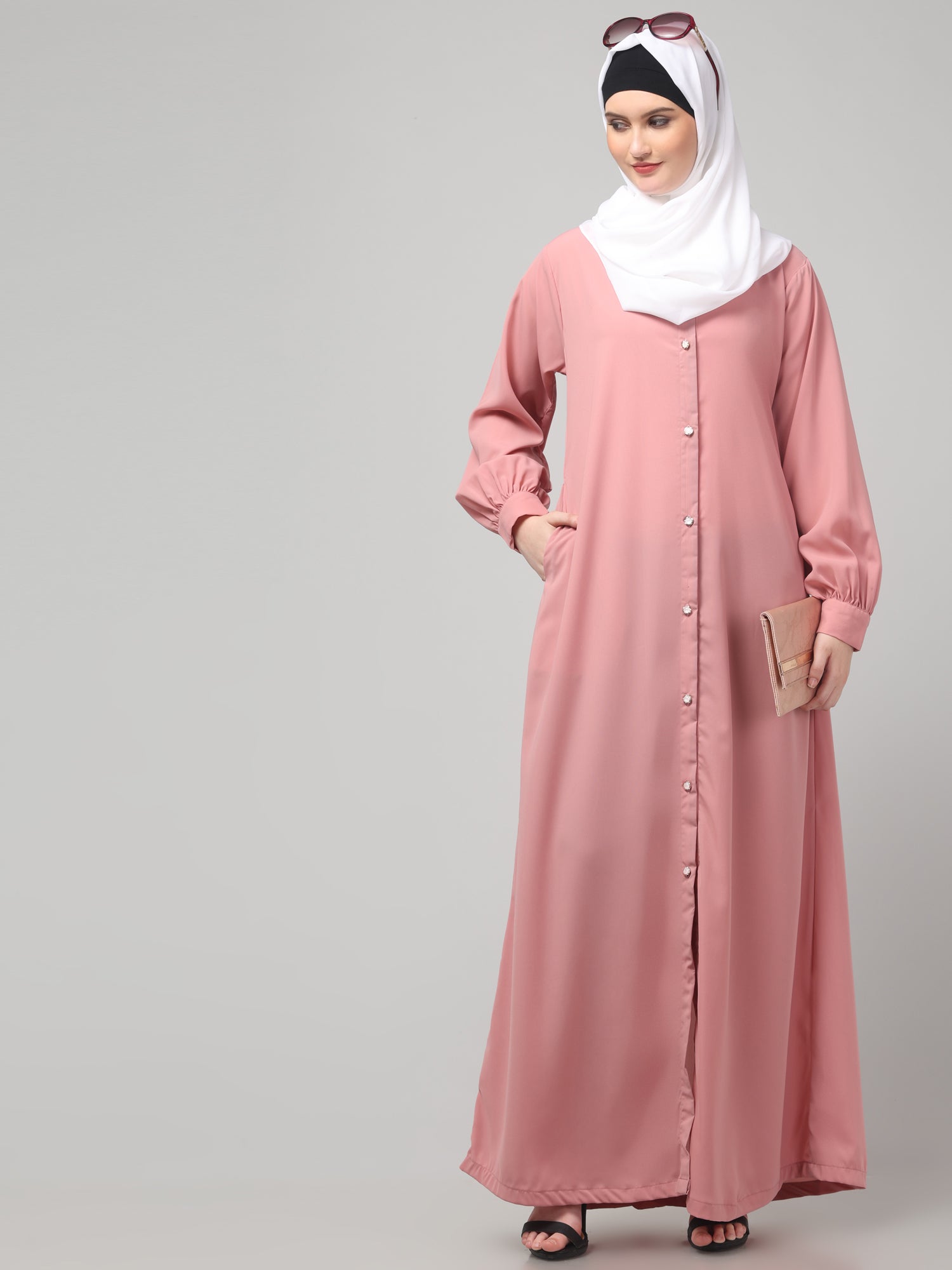 Pink Front Open Abaya Burqa with Button Detailing