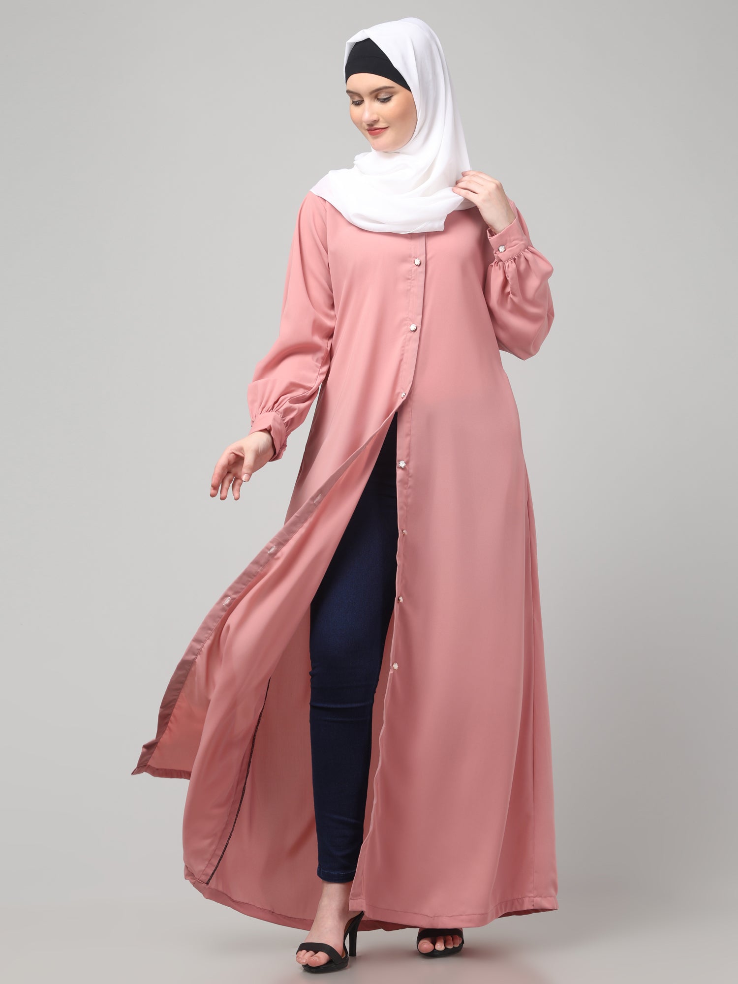 Pink Front Open Abaya Burqa with Button Detailing
