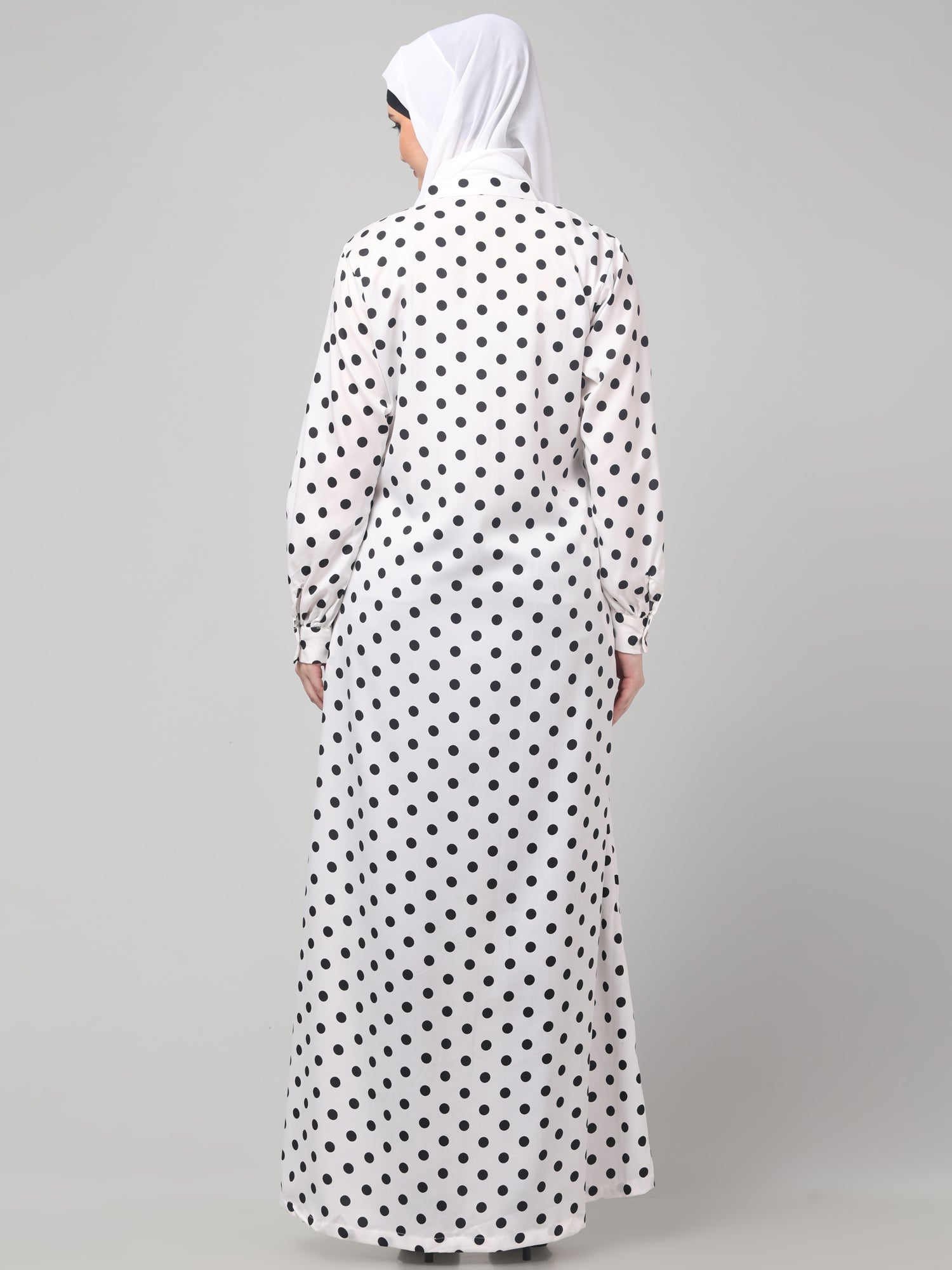 White Front Open Polka Dot Printed Crepe Abaya