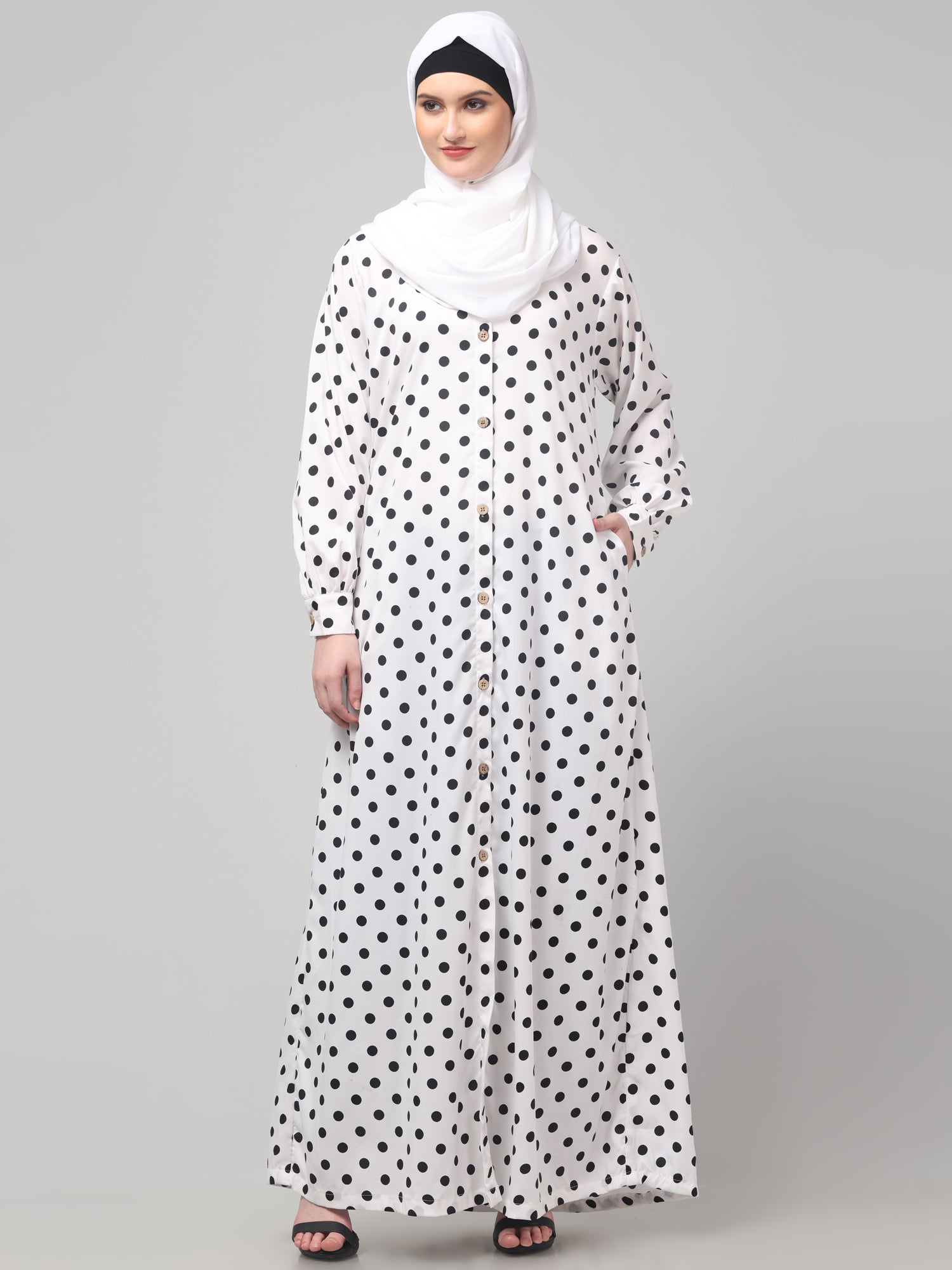 White Front Open Polka Dot Printed Crepe Abaya