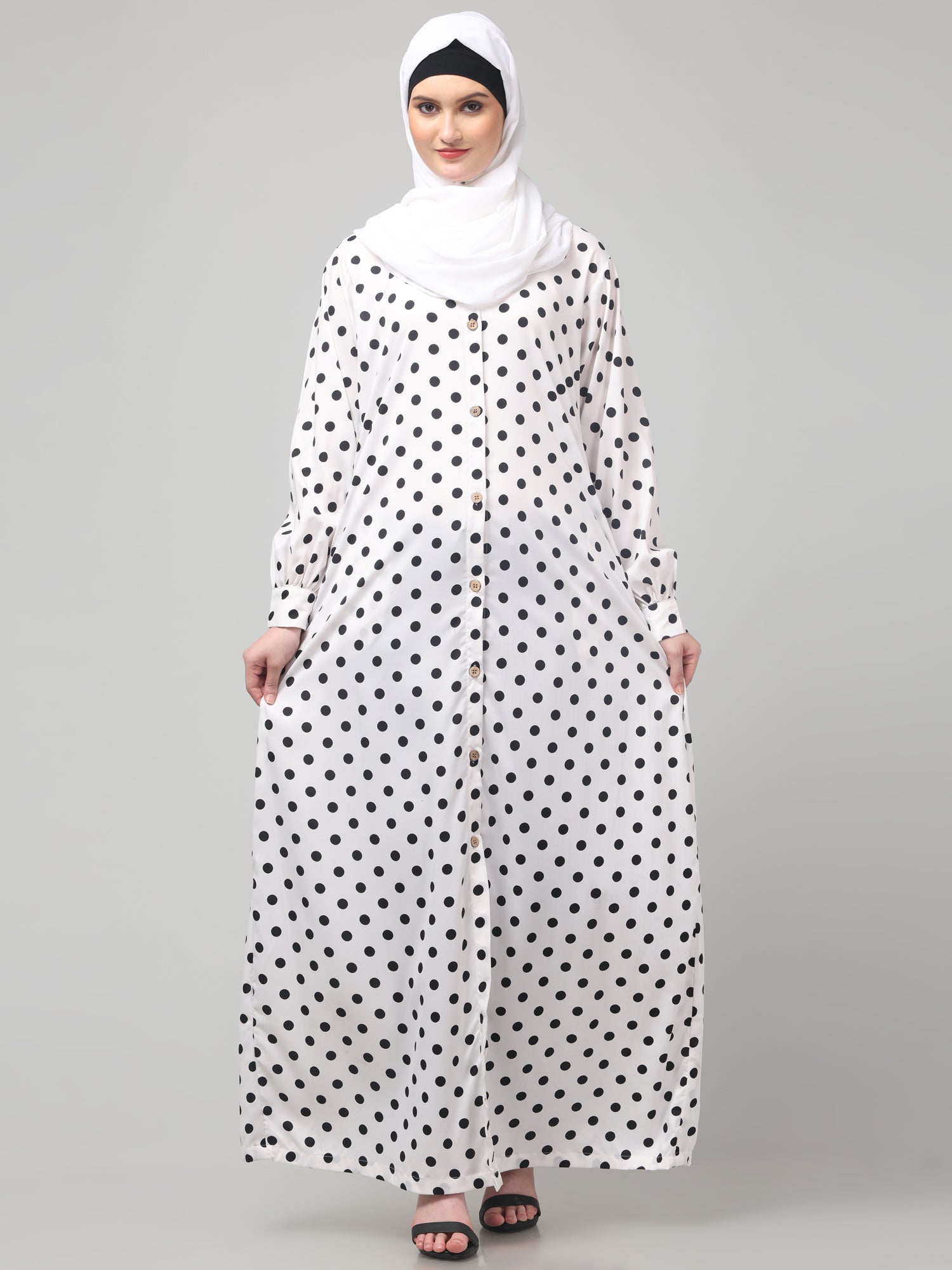 White Front Open Polka Dot Printed Crepe Abaya