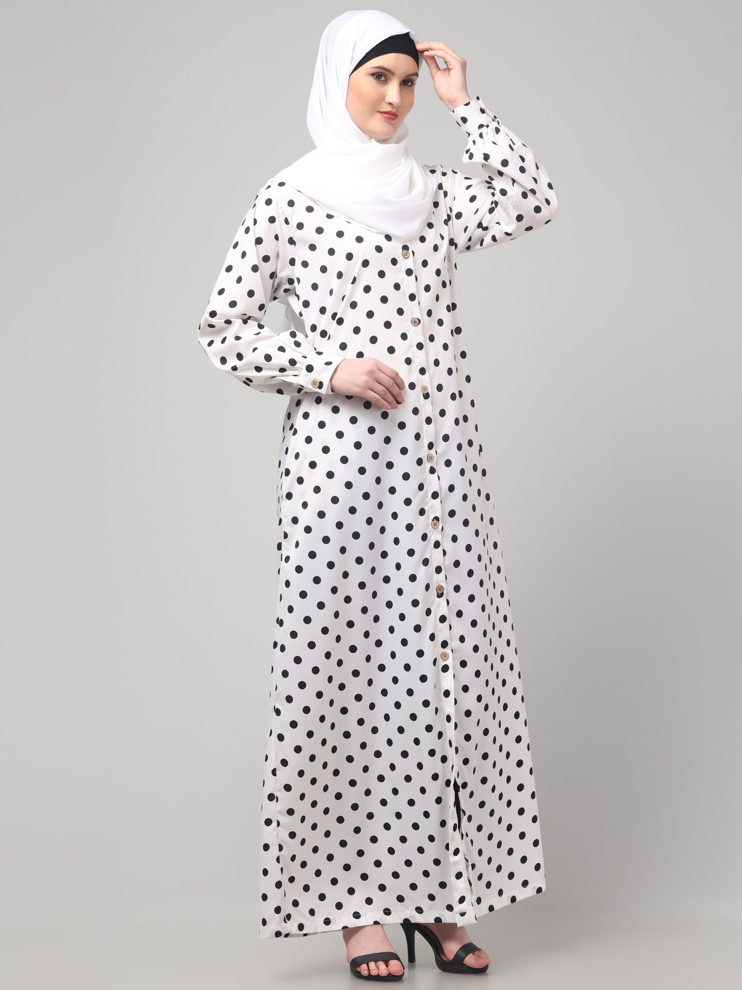 White Front Open Polka Dot Printed Crepe Abaya