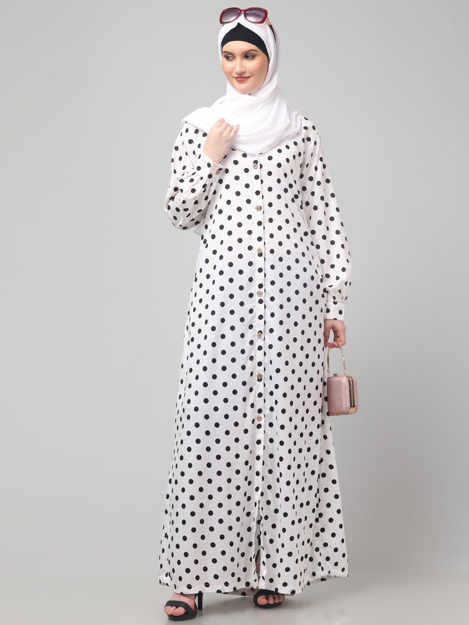 White Front Open Polka Dot Printed Crepe Abaya