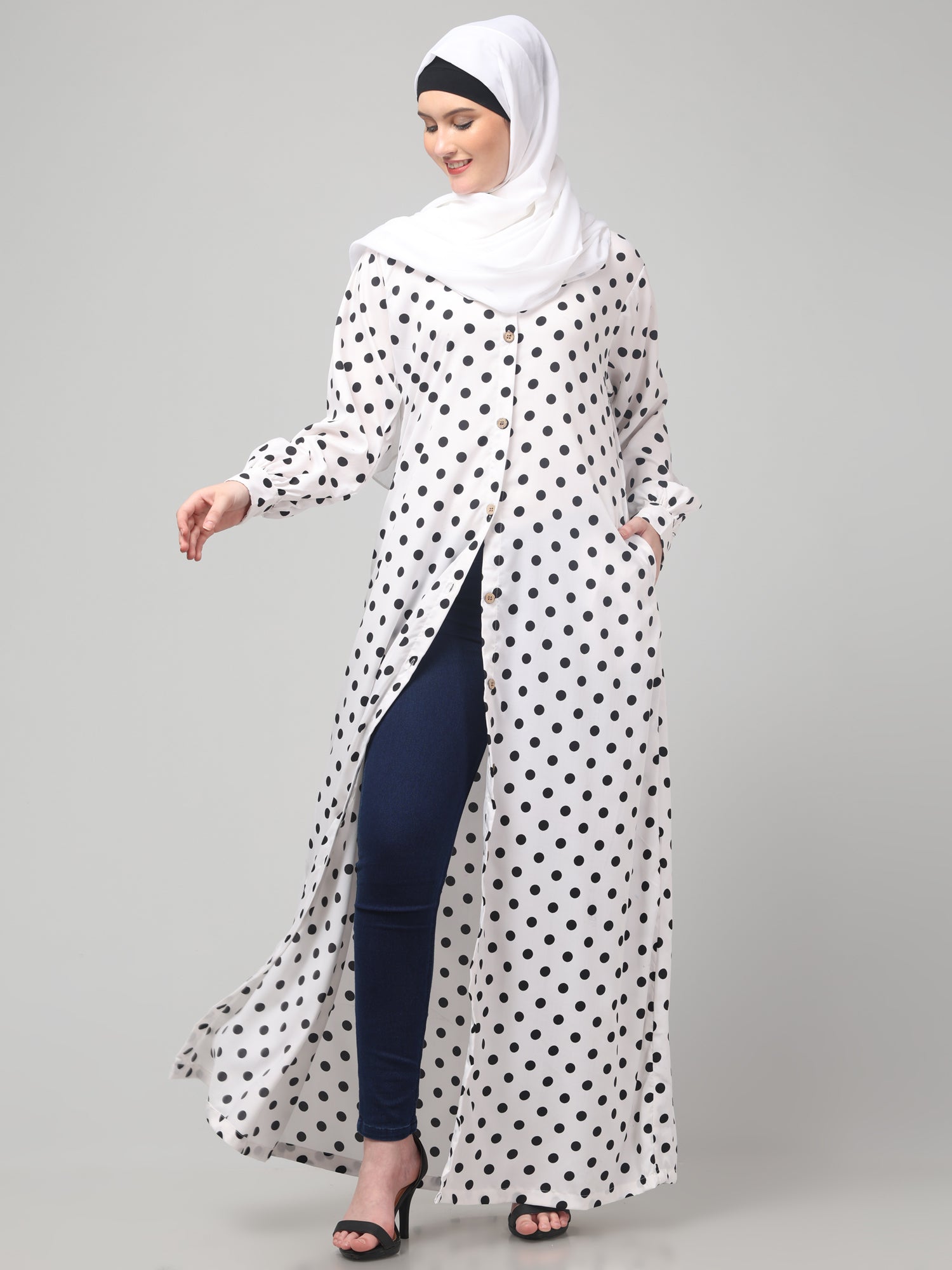 White Front Open Polka Dot Printed Crepe Abaya