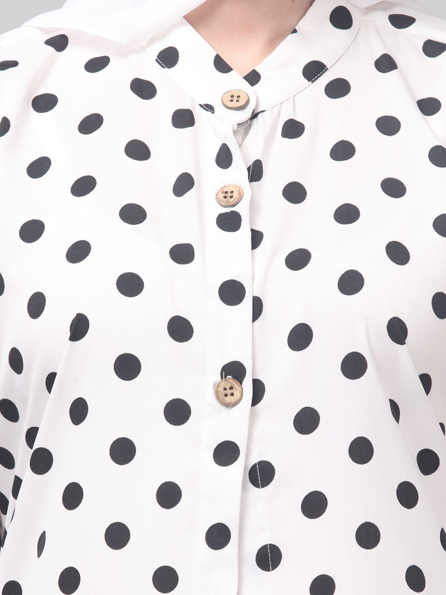 White Front Open Polka Dot Printed Crepe Abaya