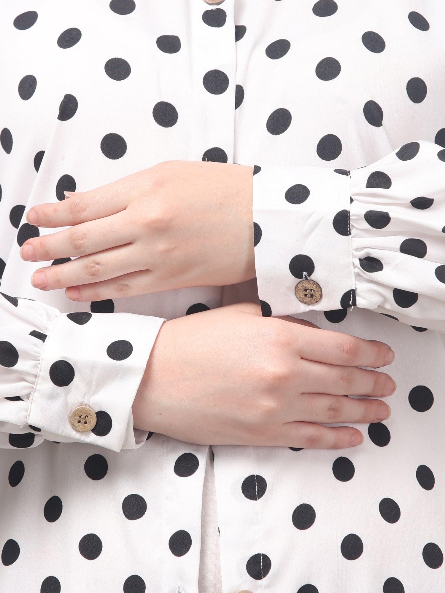 White Front Open Polka Dot Printed Crepe Abaya