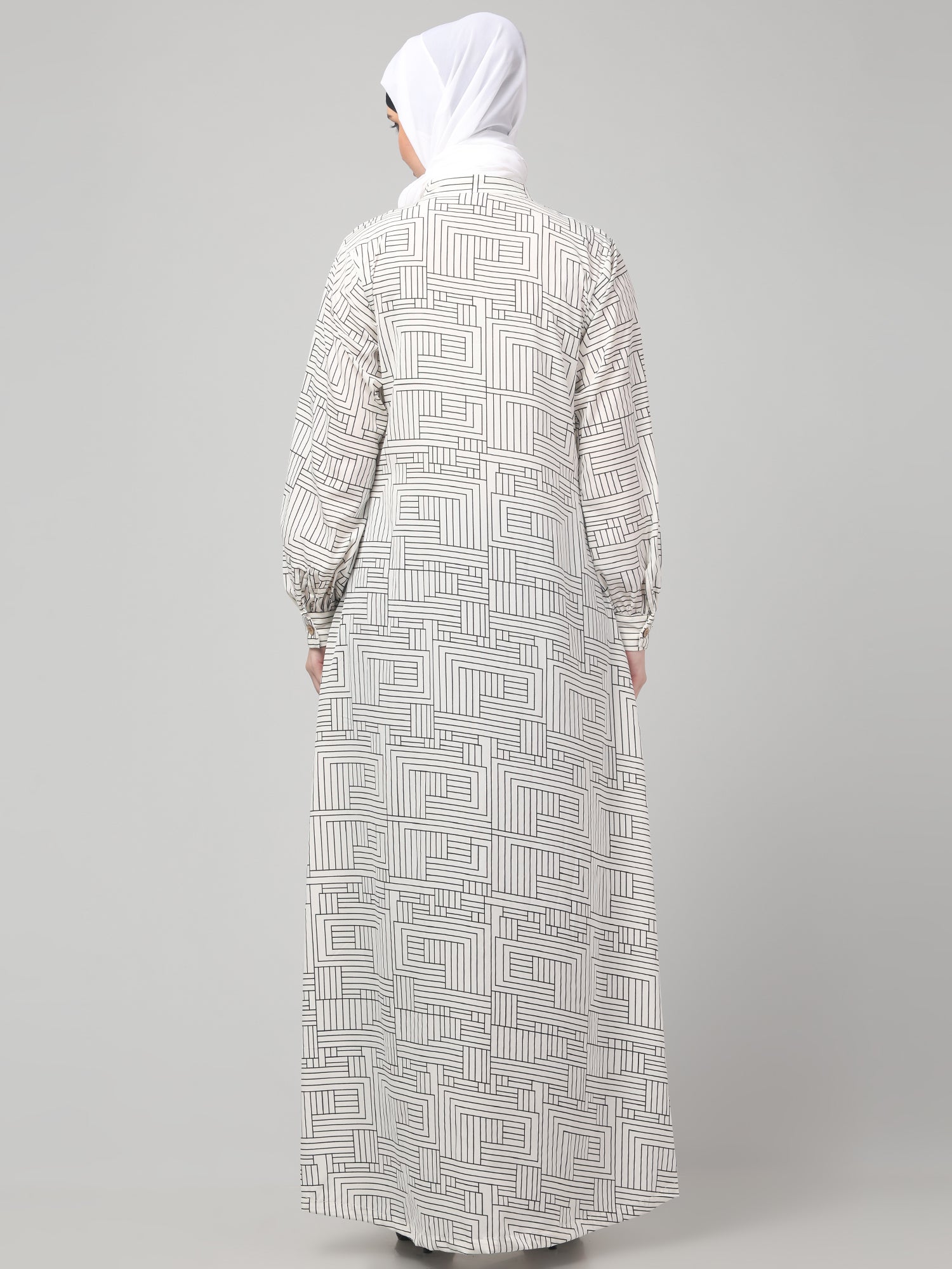 White Front Open Striped Printed Crepe Abaya