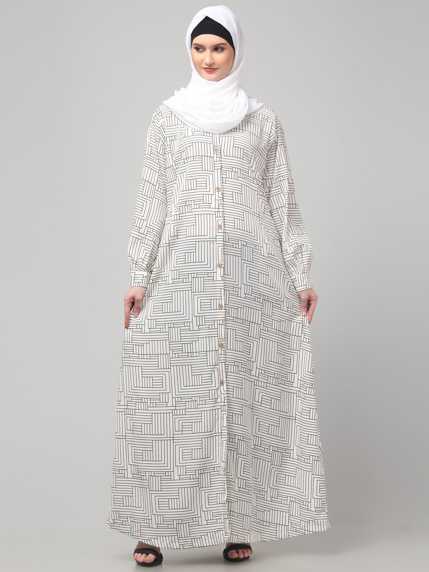 White Front Open Striped Printed Crepe Abaya