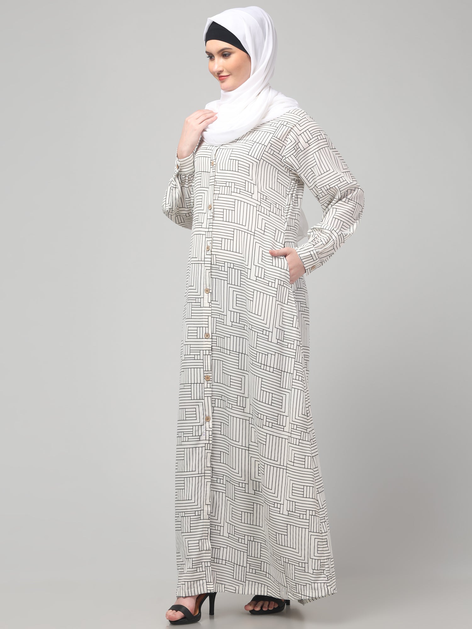 White Front Open Striped Printed Crepe Abaya