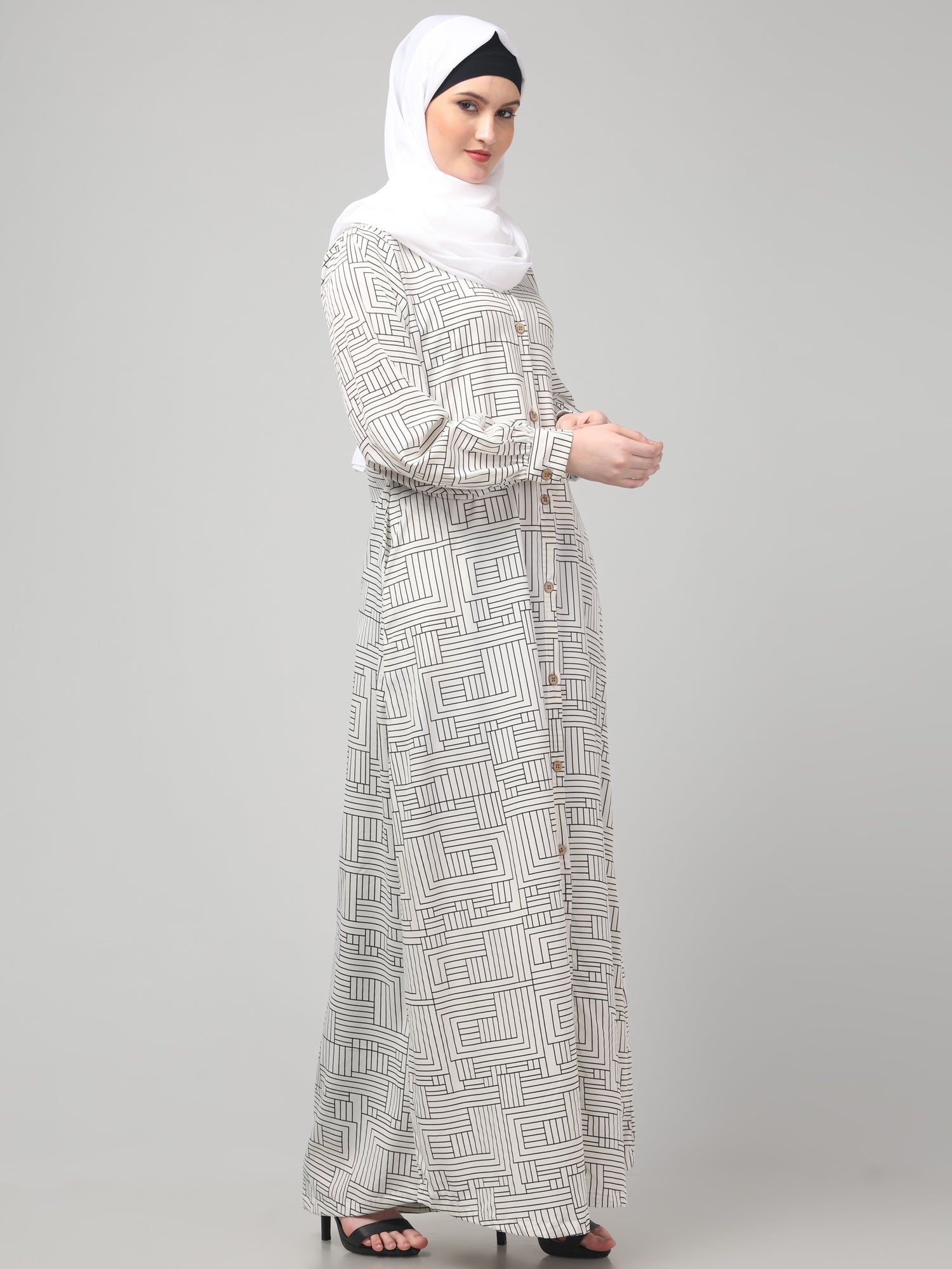 White Front Open Striped Printed Crepe Abaya