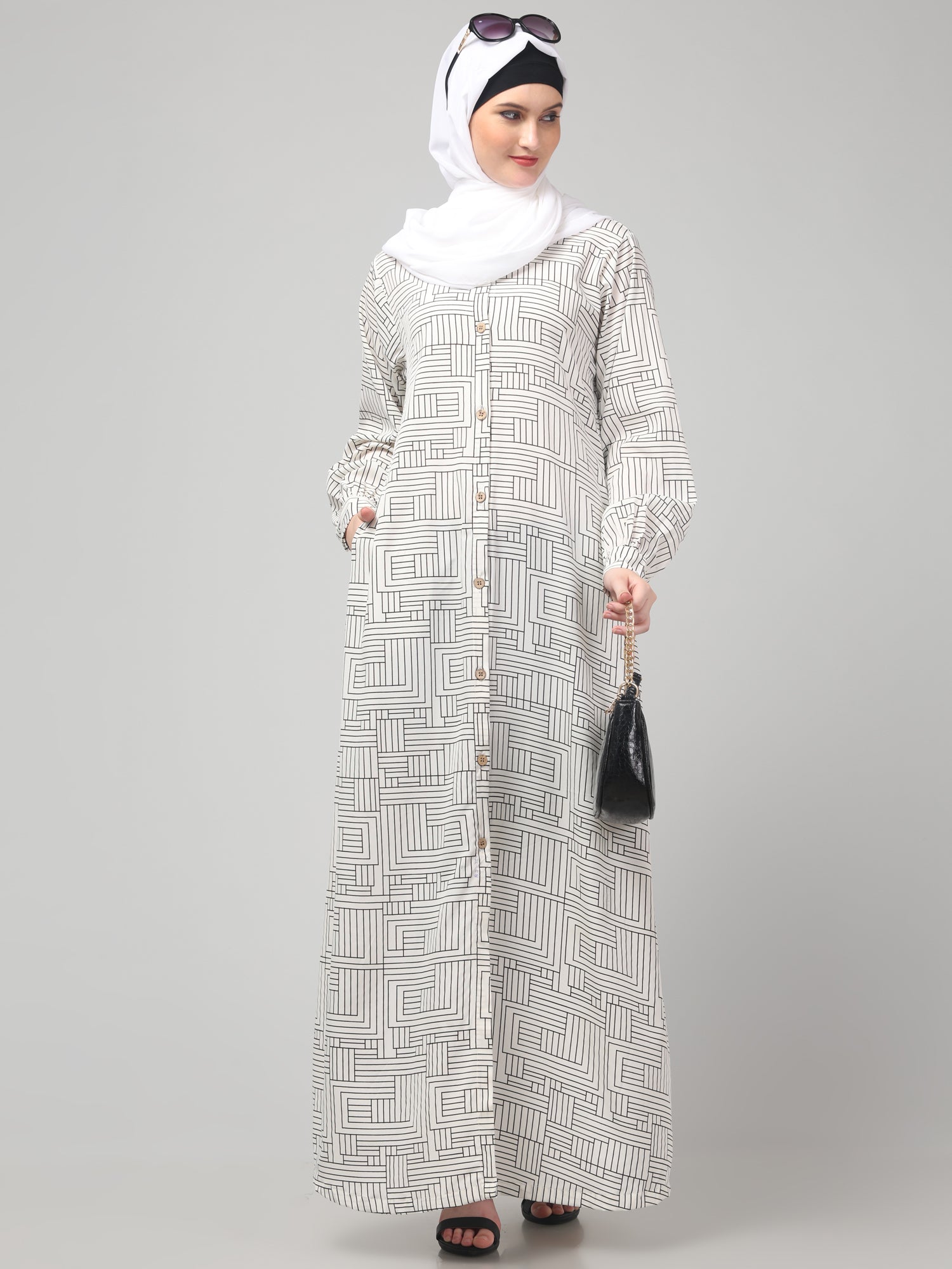 White Front Open Striped Printed Crepe Abaya