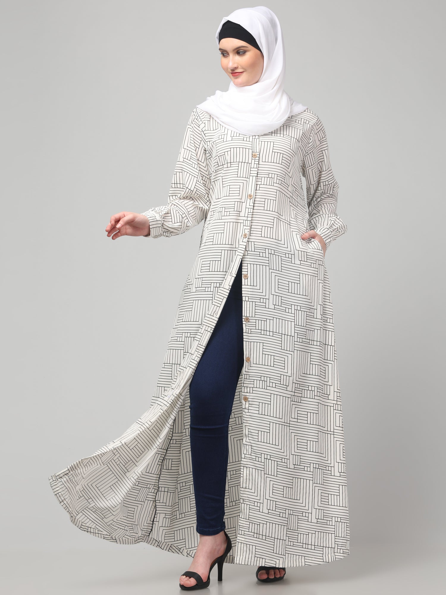 White Front Open Striped Printed Crepe Abaya